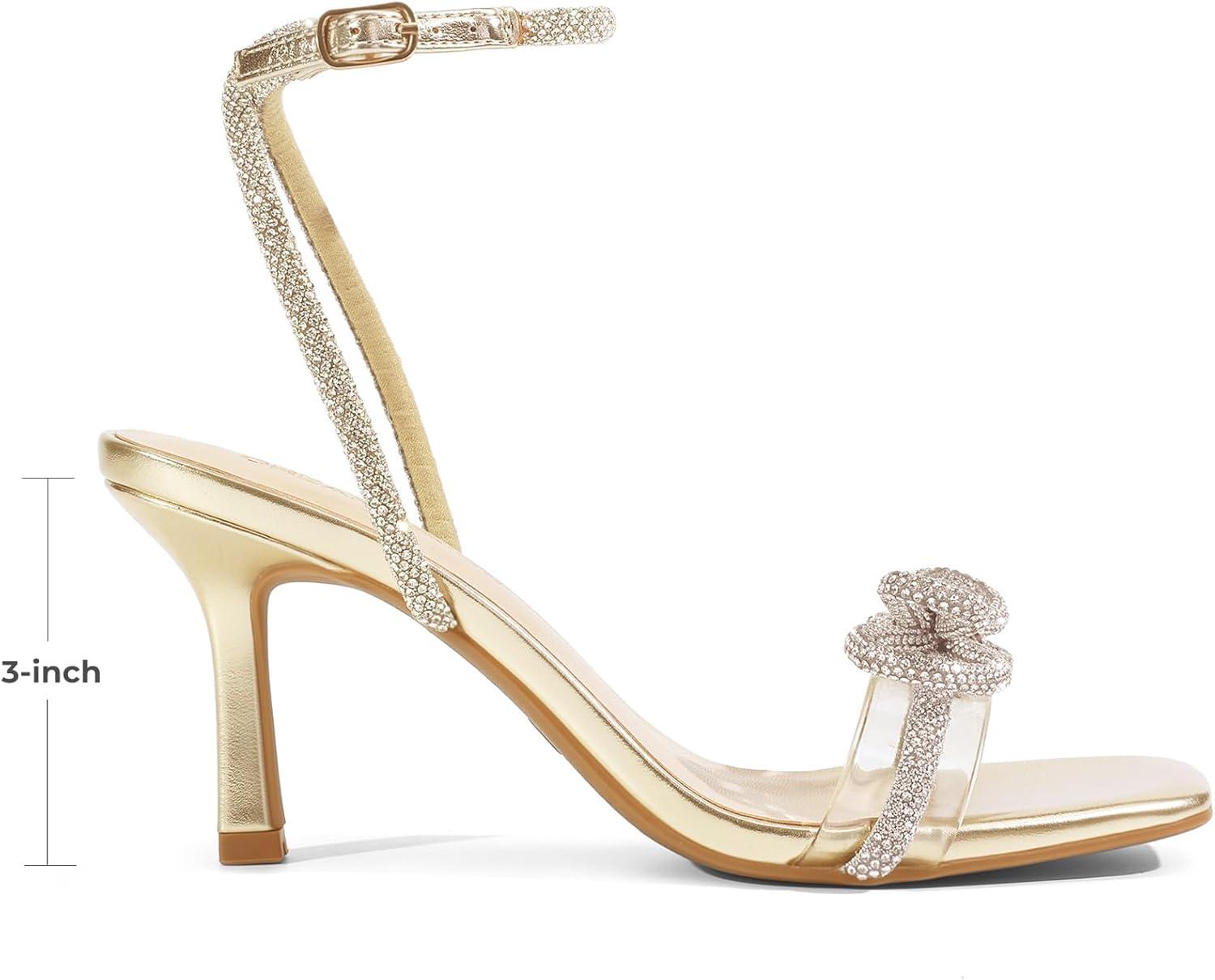 imageDREAM PAIRS Womens Double Bowknots Heels Open Square Toe Ankle Strap Crystal Rhinestone Dress Sandals for Party WeddingLight Gold