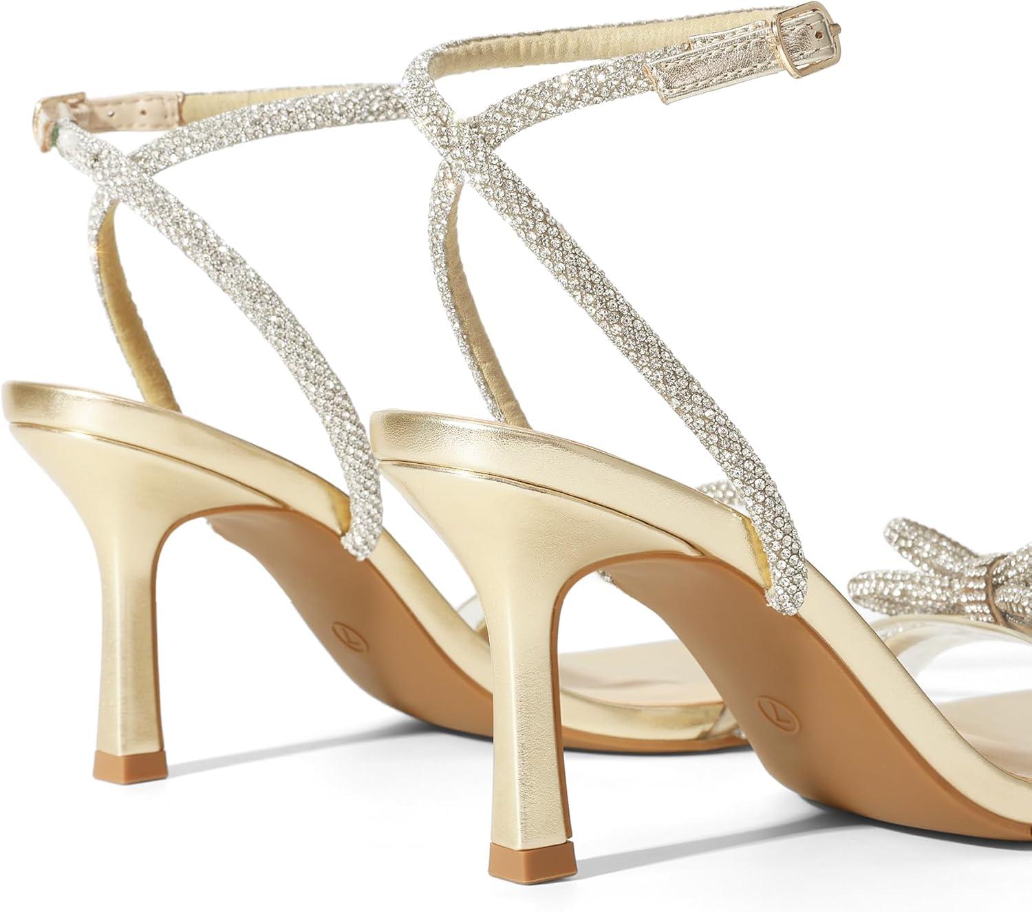 imageDREAM PAIRS Womens Double Bowknots Heels Open Square Toe Ankle Strap Crystal Rhinestone Dress Sandals for Party WeddingLight Gold