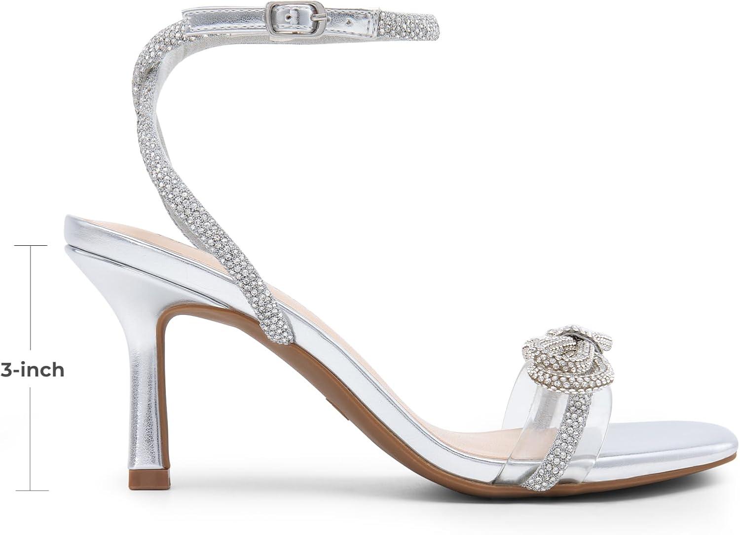 imageDREAM PAIRS Womens Double Bowknots Heels Open Square Toe Ankle Strap Crystal Rhinestone Dress Sandals for Party WeddingSilverpu