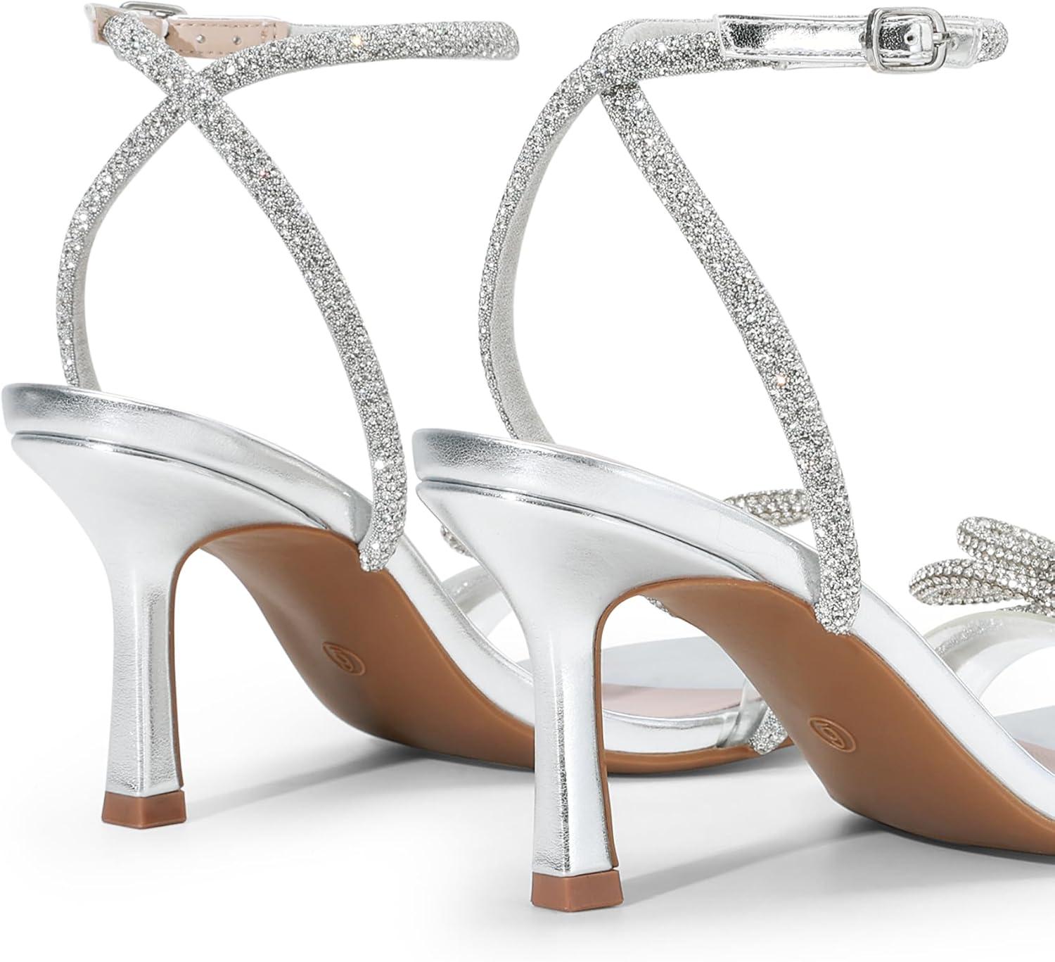 imageDREAM PAIRS Womens Double Bowknots Heels Open Square Toe Ankle Strap Crystal Rhinestone Dress Sandals for Party WeddingSilverpu