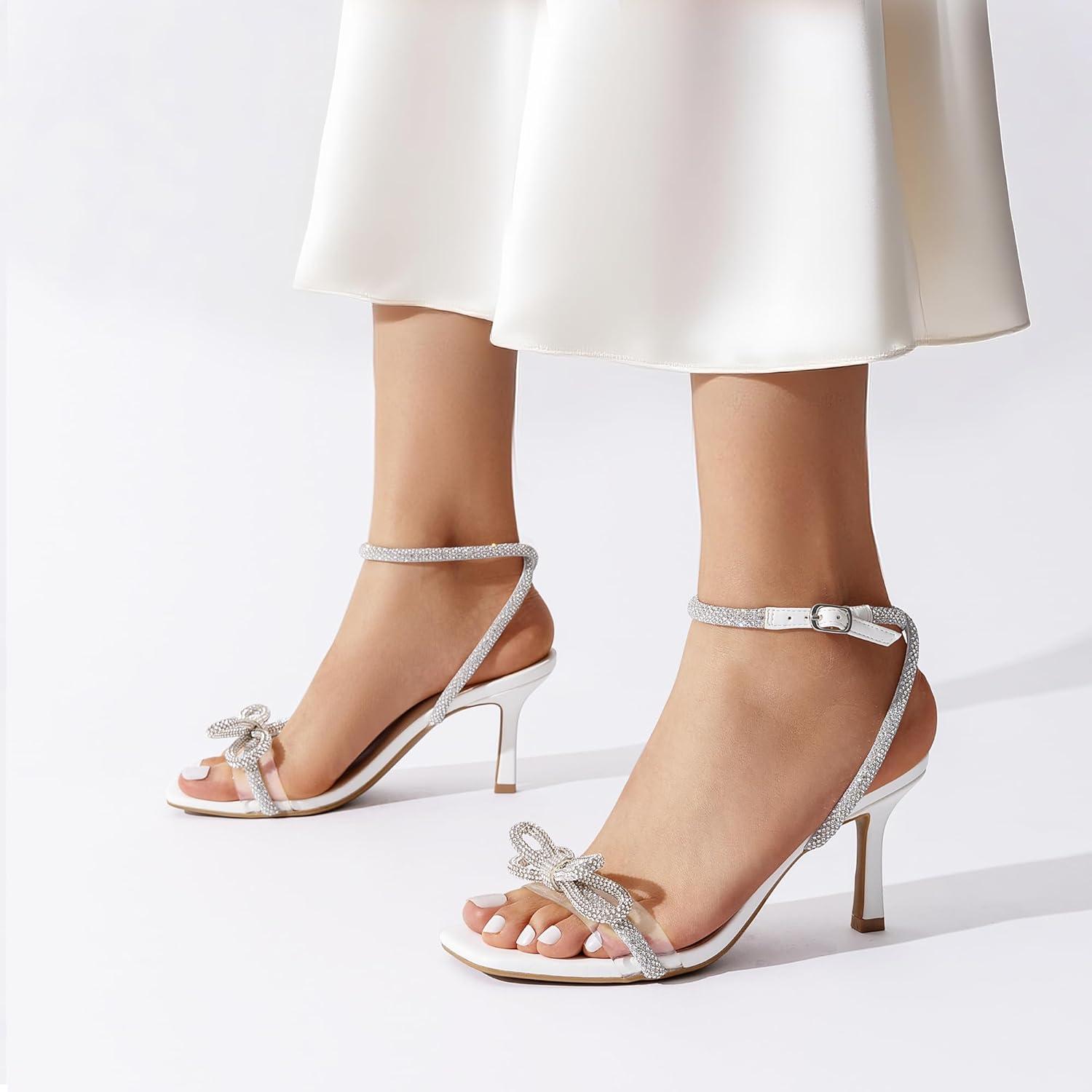 imageDREAM PAIRS Womens Double Bowknots Heels Open Square Toe Ankle Strap Crystal Rhinestone Dress Sandals for Party WeddingWhitepu