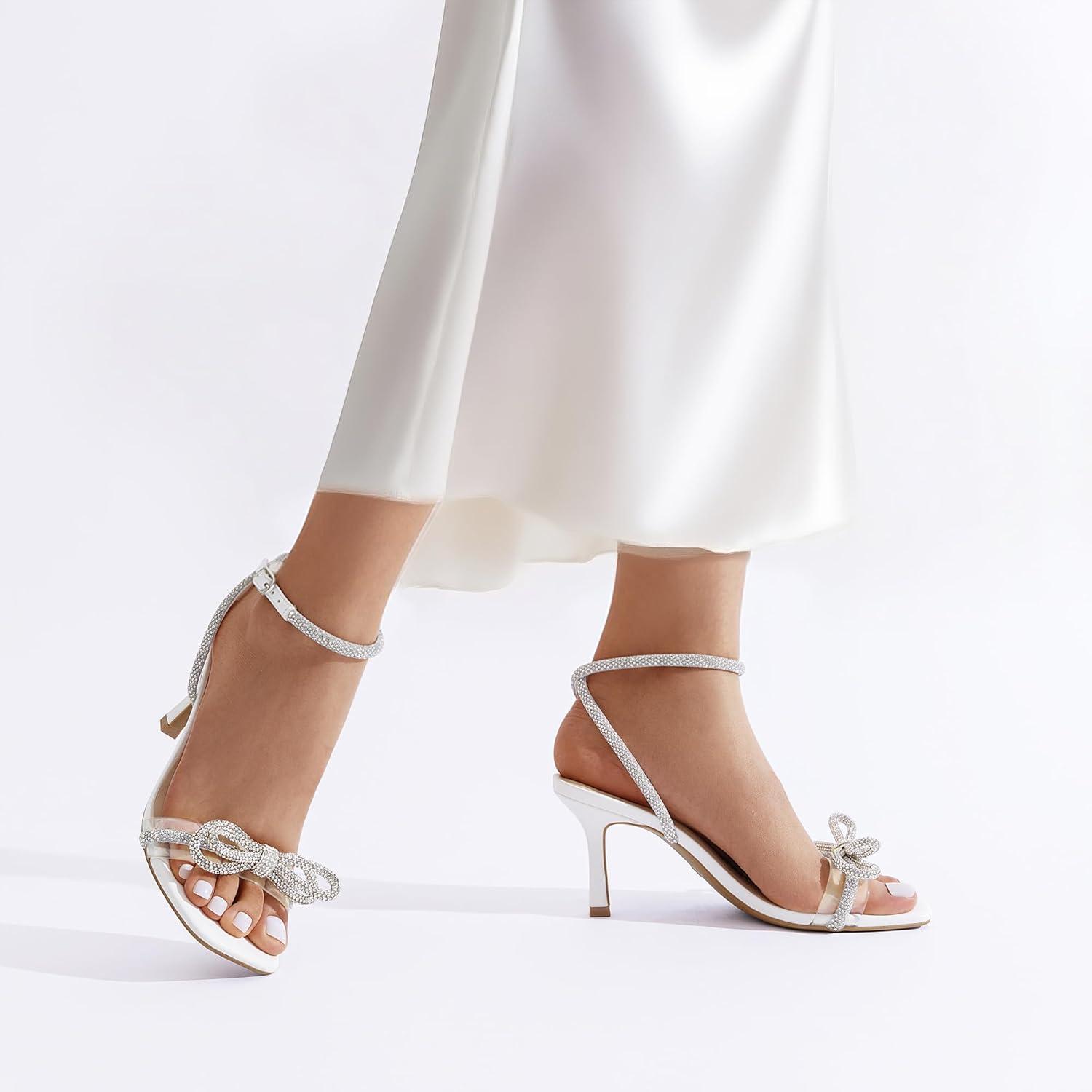 imageDREAM PAIRS Womens Double Bowknots Heels Open Square Toe Ankle Strap Crystal Rhinestone Dress Sandals for Party WeddingWhitepu