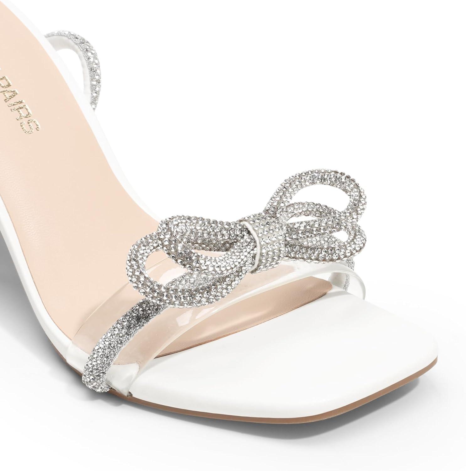 imageDREAM PAIRS Womens Double Bowknots Heels Open Square Toe Ankle Strap Crystal Rhinestone Dress Sandals for Party WeddingWhitepu