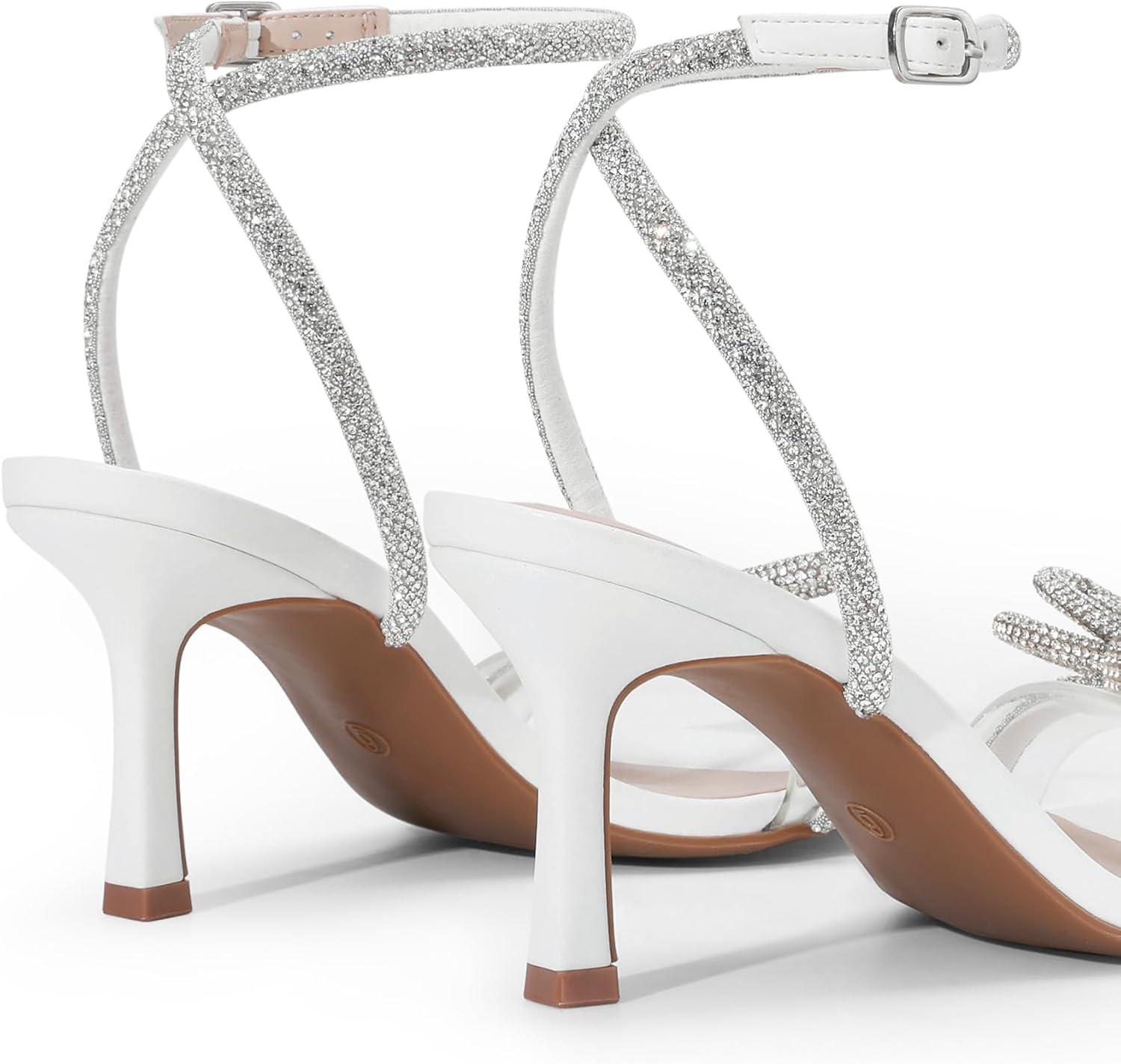 imageDREAM PAIRS Womens Double Bowknots Heels Open Square Toe Ankle Strap Crystal Rhinestone Dress Sandals for Party WeddingWhitepu