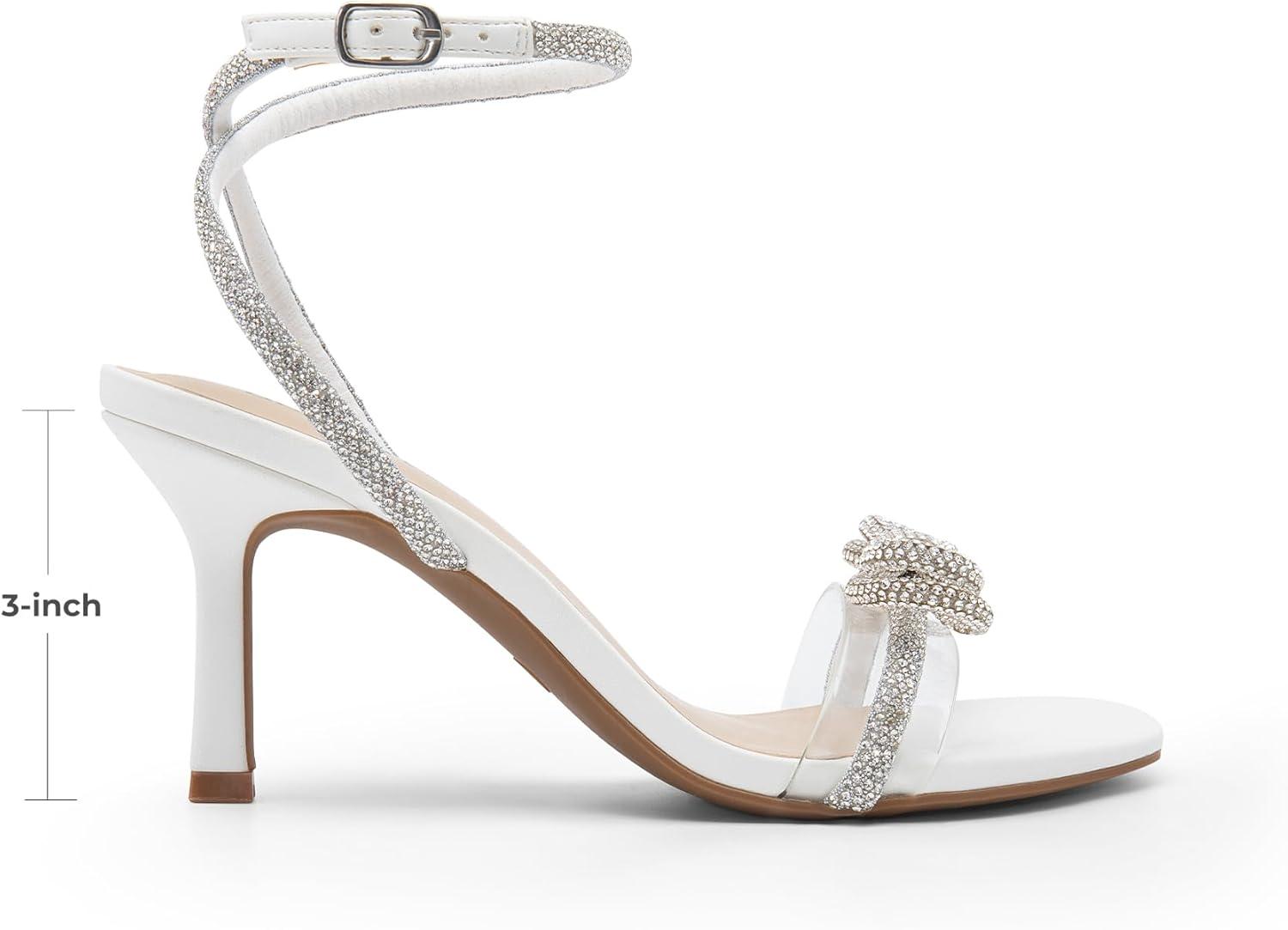 imageDREAM PAIRS Womens Double Bowknots Heels Open Square Toe Ankle Strap Crystal Rhinestone Dress Sandals for Party WeddingWhitepu