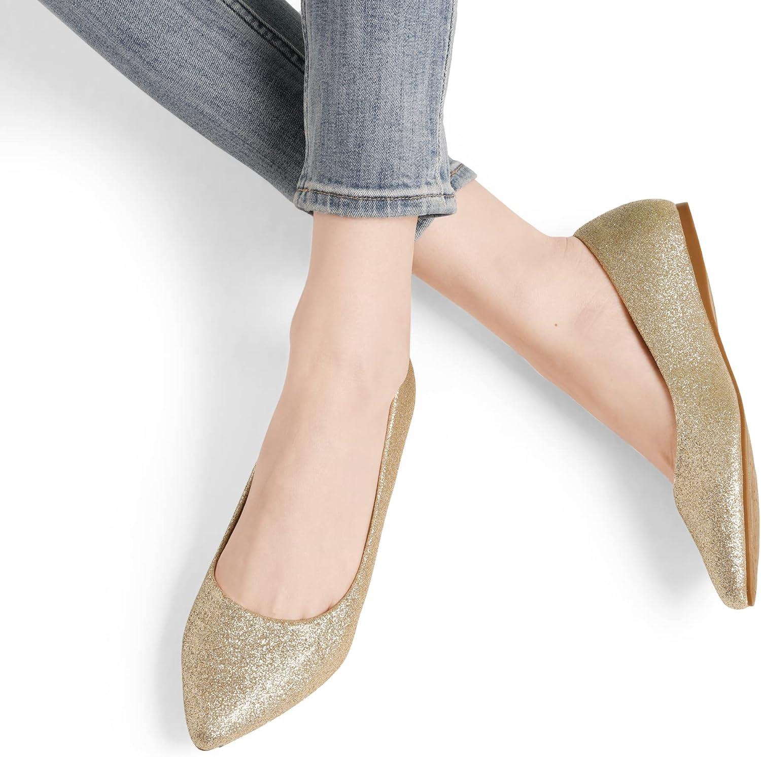 imageDREAM PAIRS Womens Dress Pointed Toe Flats Ballet Comfort Soft Slip On Casual Flat Shoes for Work Office BusinessGoldGlitter