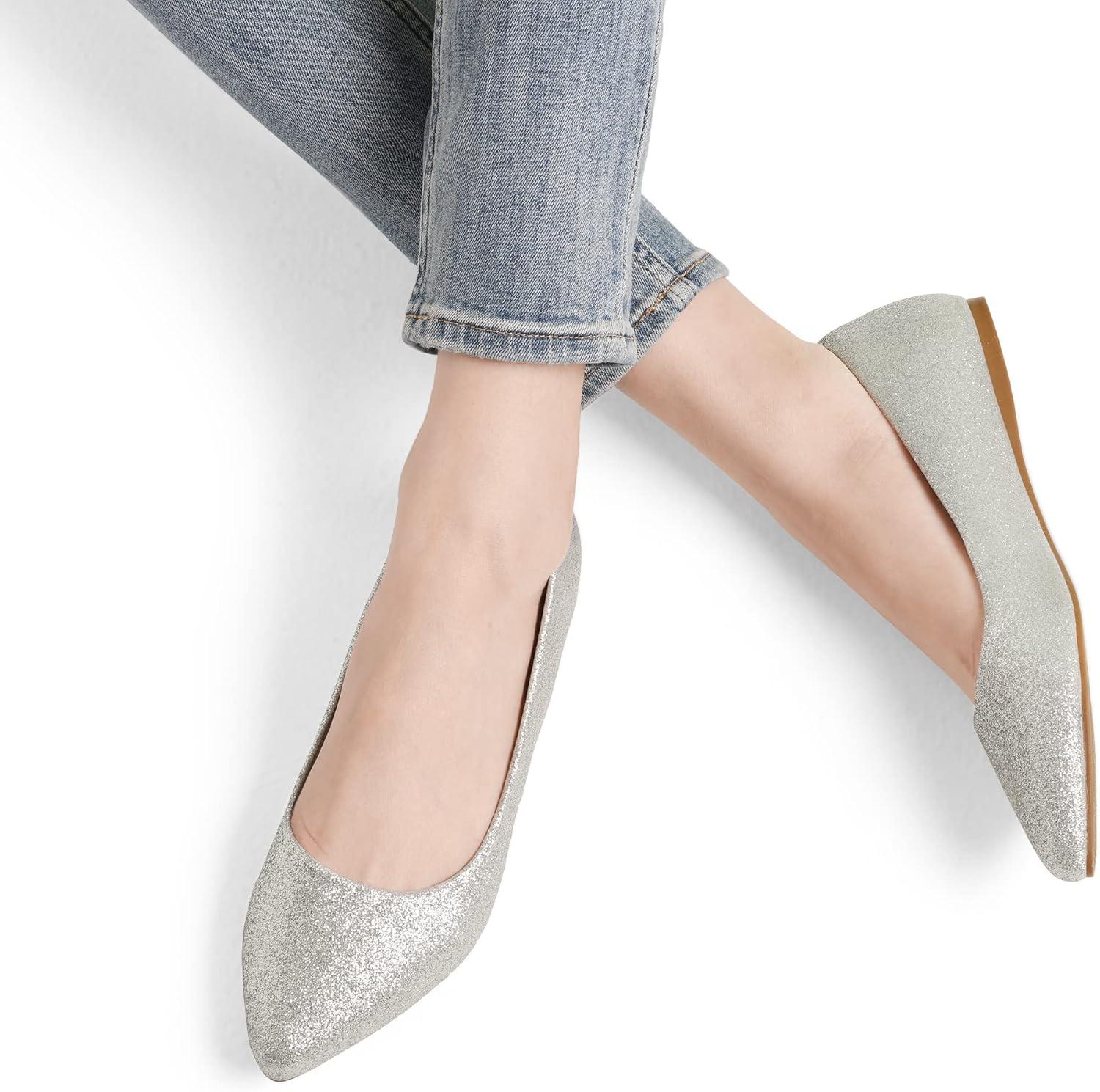 imageDREAM PAIRS Womens Dress Pointed Toe Flats Ballet Comfort Soft Slip On Casual Flat Shoes for Work Office BusinessSilverGlitter