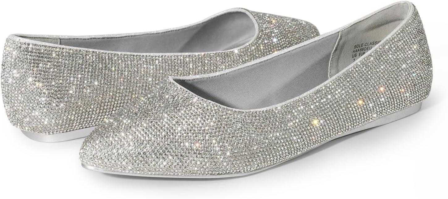 imageDREAM PAIRS Womens Dress Pointed Toe Flats Ballet Comfort Soft Slip On Casual Flat Shoes for Work Office BusinessSilverrhinestone