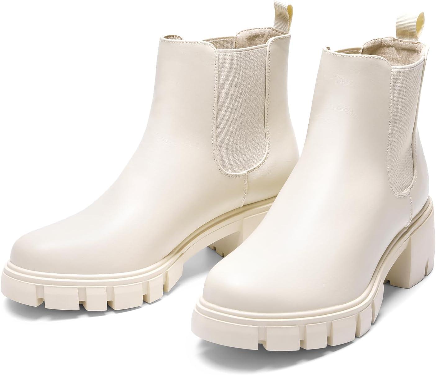 imageDREAM PAIRS Womens Elastic Chelsea Ankle Boots Platform Low Chunky Block Heel Lug Sole Slip on Fall Heeled Booties ShoesBeige