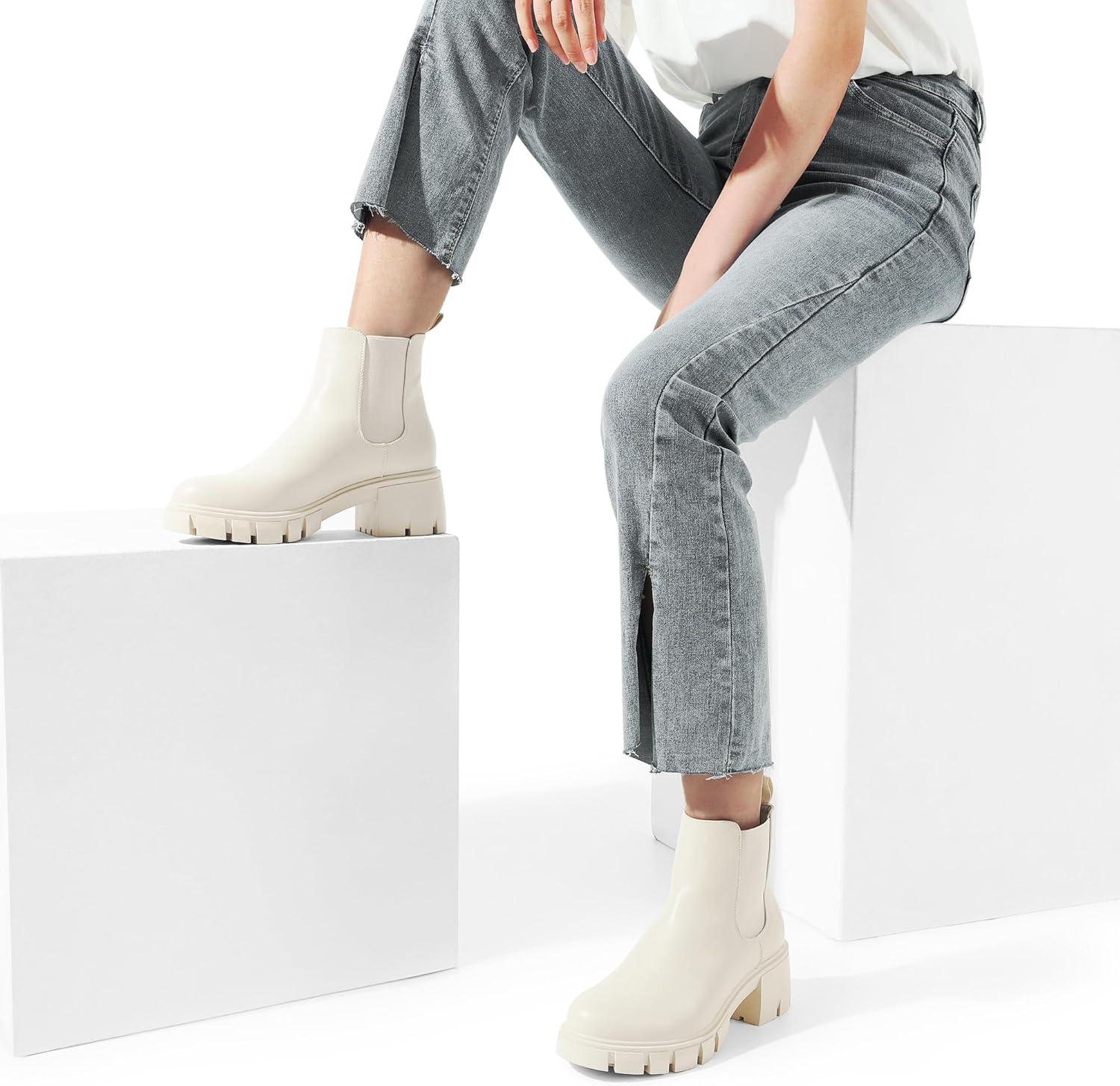 imageDREAM PAIRS Womens Elastic Chelsea Ankle Boots Platform Low Chunky Block Heel Lug Sole Slip on Fall Heeled Booties ShoesBeige