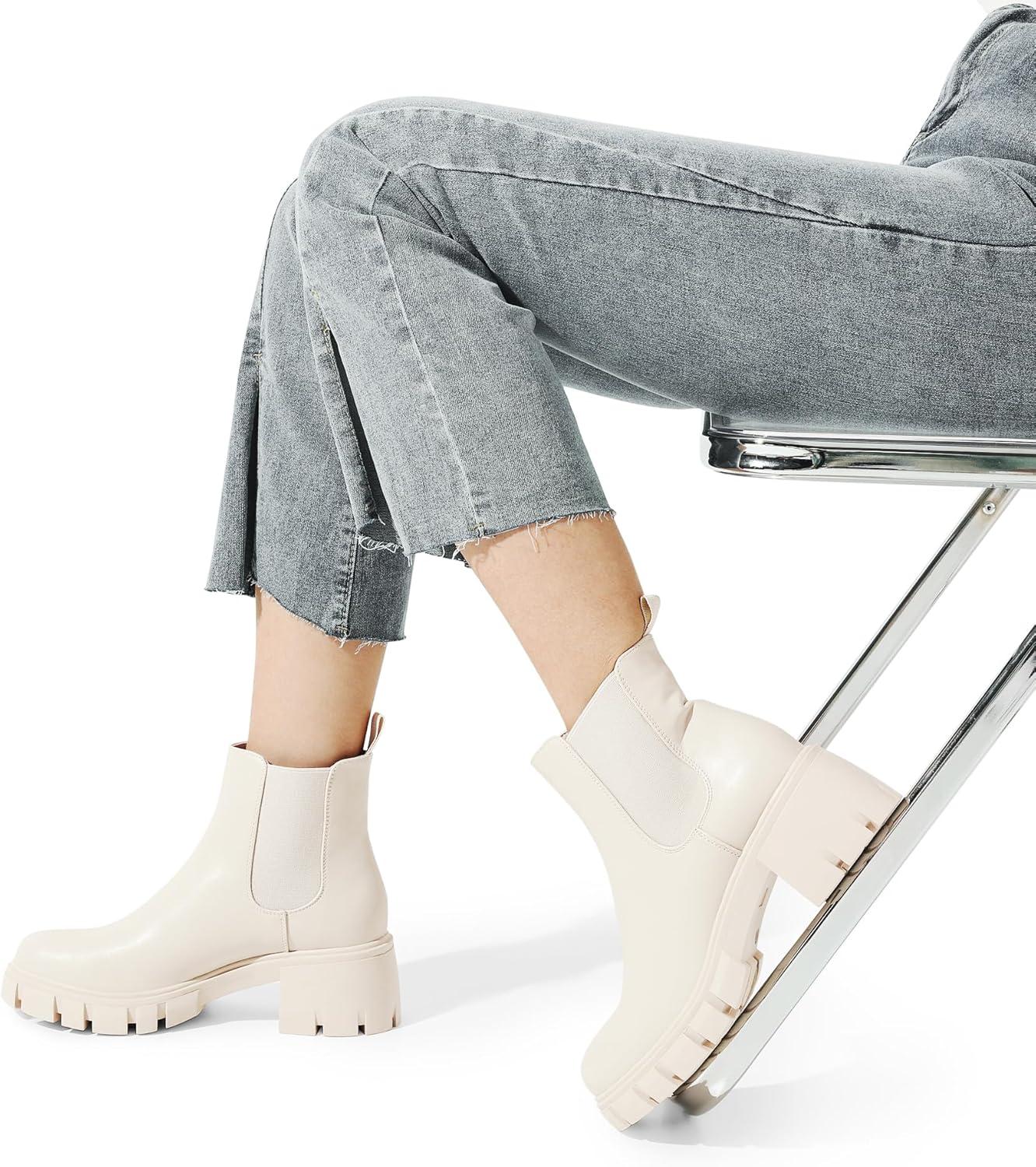 imageDREAM PAIRS Womens Elastic Chelsea Ankle Boots Platform Low Chunky Block Heel Lug Sole Slip on Fall Heeled Booties ShoesBeige