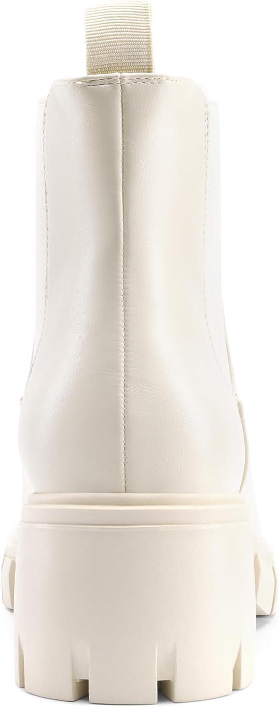 imageDREAM PAIRS Womens Elastic Chelsea Ankle Boots Platform Low Chunky Block Heel Lug Sole Slip on Fall Heeled Booties ShoesBeige