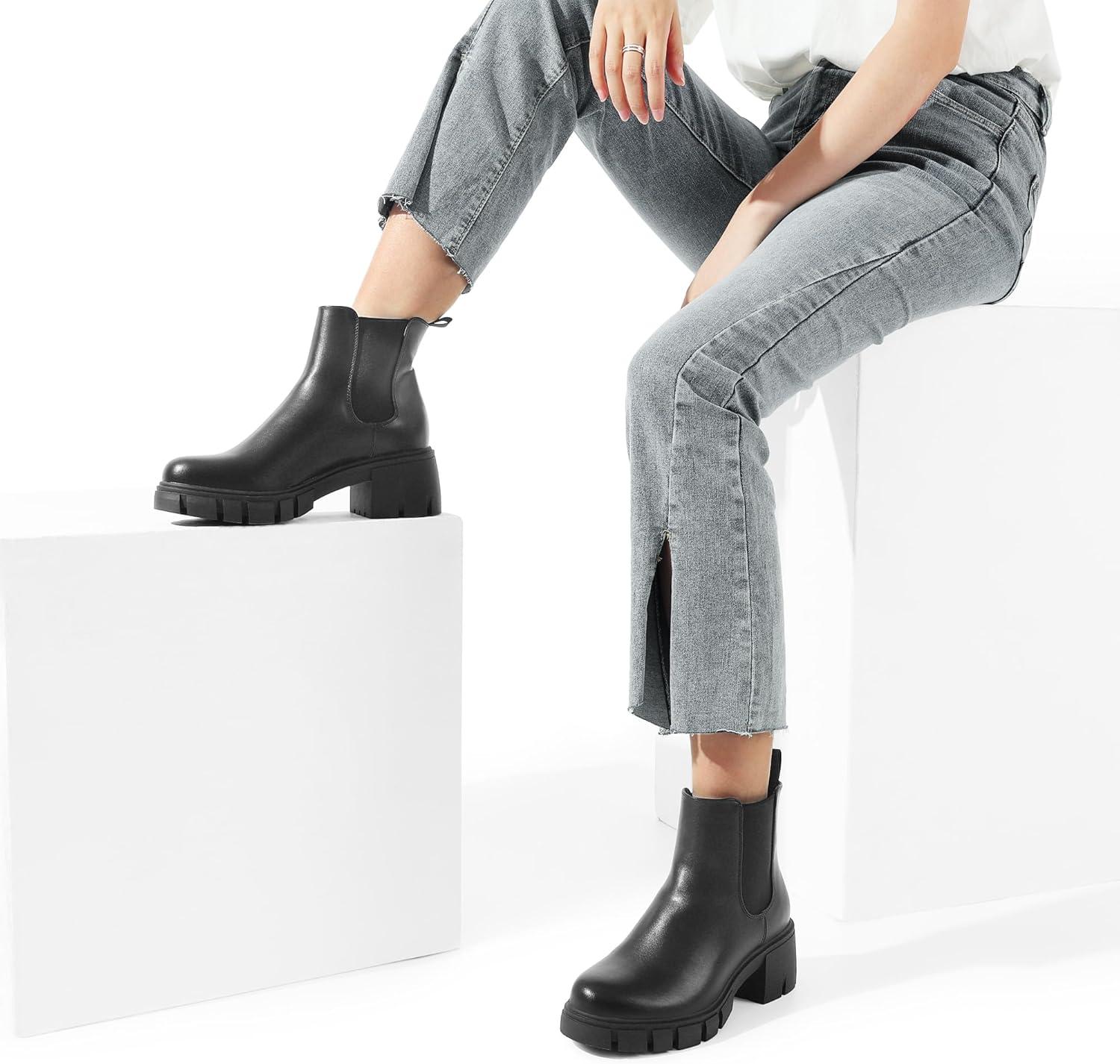 imageDREAM PAIRS Womens Elastic Chelsea Ankle Boots Platform Low Chunky Block Heel Lug Sole Slip on Fall Heeled Booties ShoesBlack