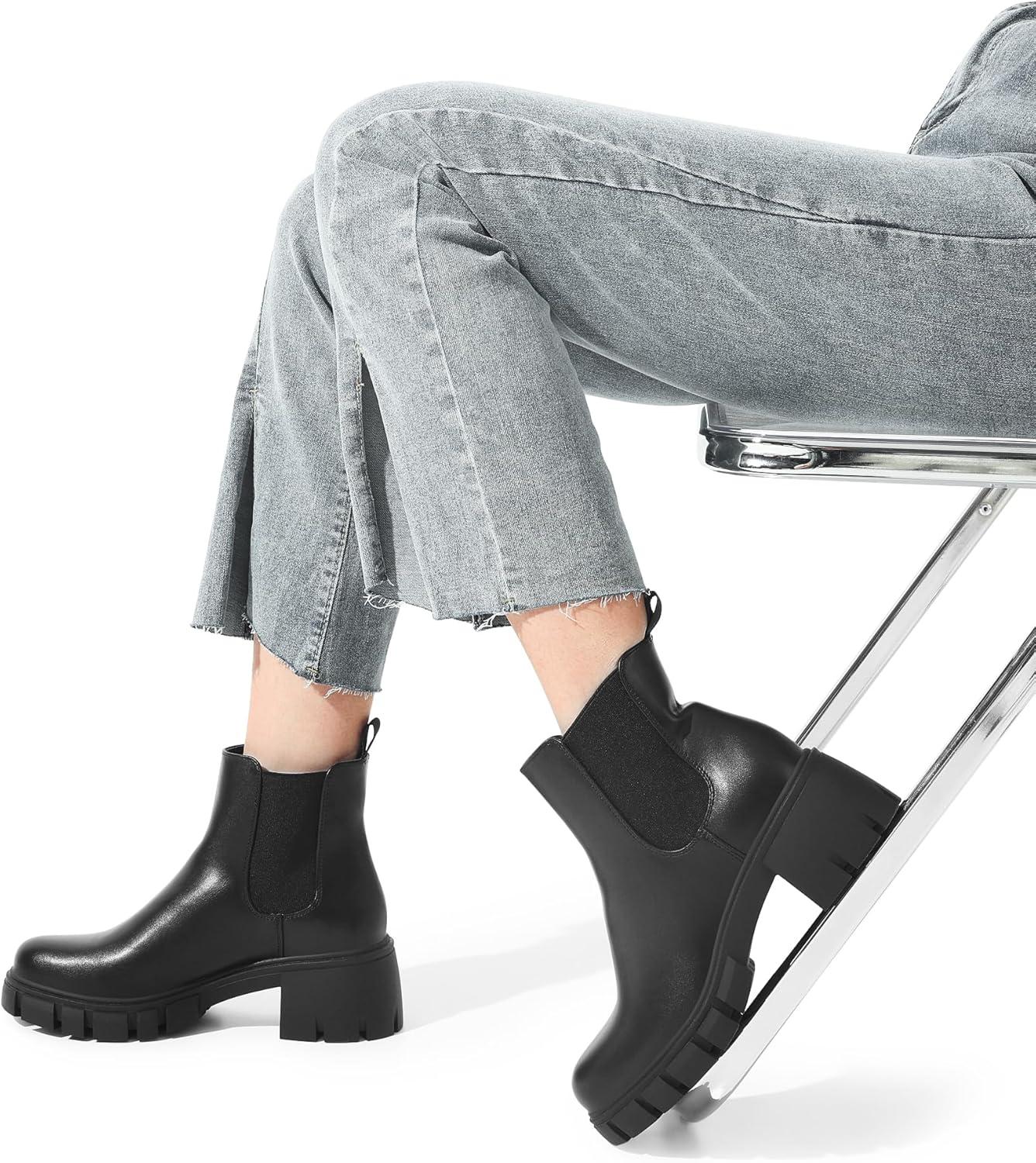 imageDREAM PAIRS Womens Elastic Chelsea Ankle Boots Platform Low Chunky Block Heel Lug Sole Slip on Fall Heeled Booties ShoesBlack