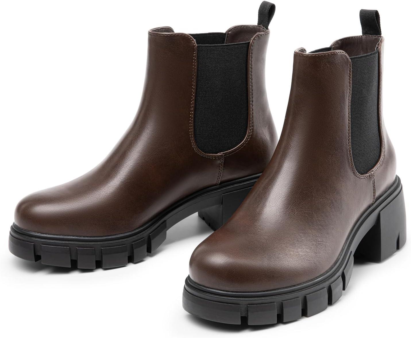imageDREAM PAIRS Womens Elastic Chelsea Ankle Boots Platform Low Chunky Block Heel Lug Sole Slip on Fall Heeled Booties ShoesBrown
