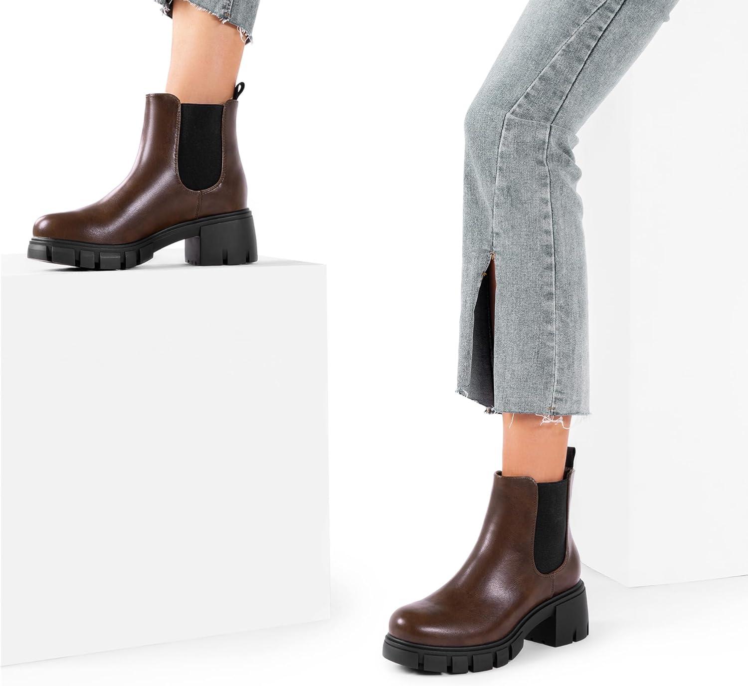 imageDREAM PAIRS Womens Elastic Chelsea Ankle Boots Platform Low Chunky Block Heel Lug Sole Slip on Fall Heeled Booties ShoesBrown