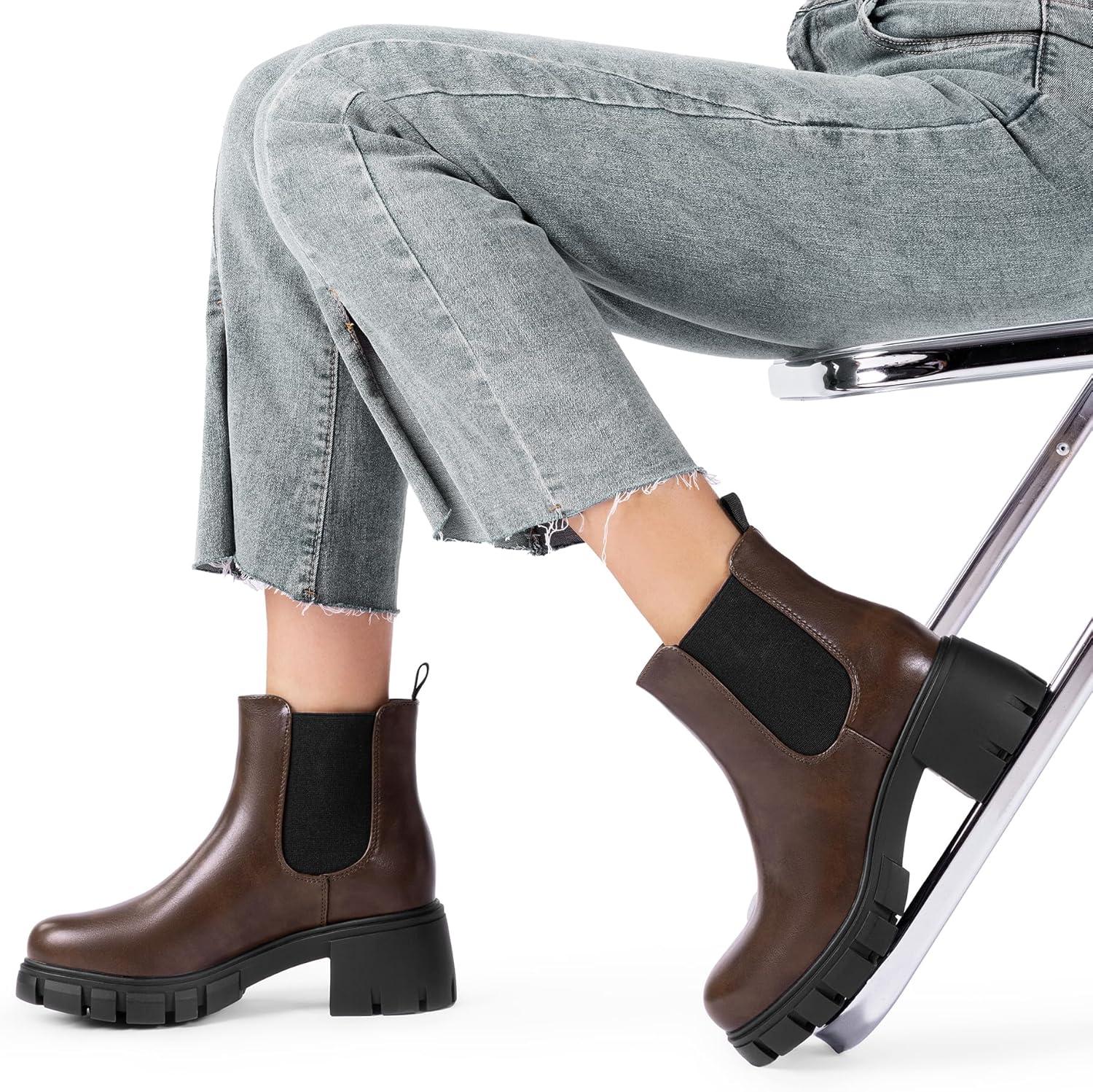 imageDREAM PAIRS Womens Elastic Chelsea Ankle Boots Platform Low Chunky Block Heel Lug Sole Slip on Fall Heeled Booties ShoesBrown