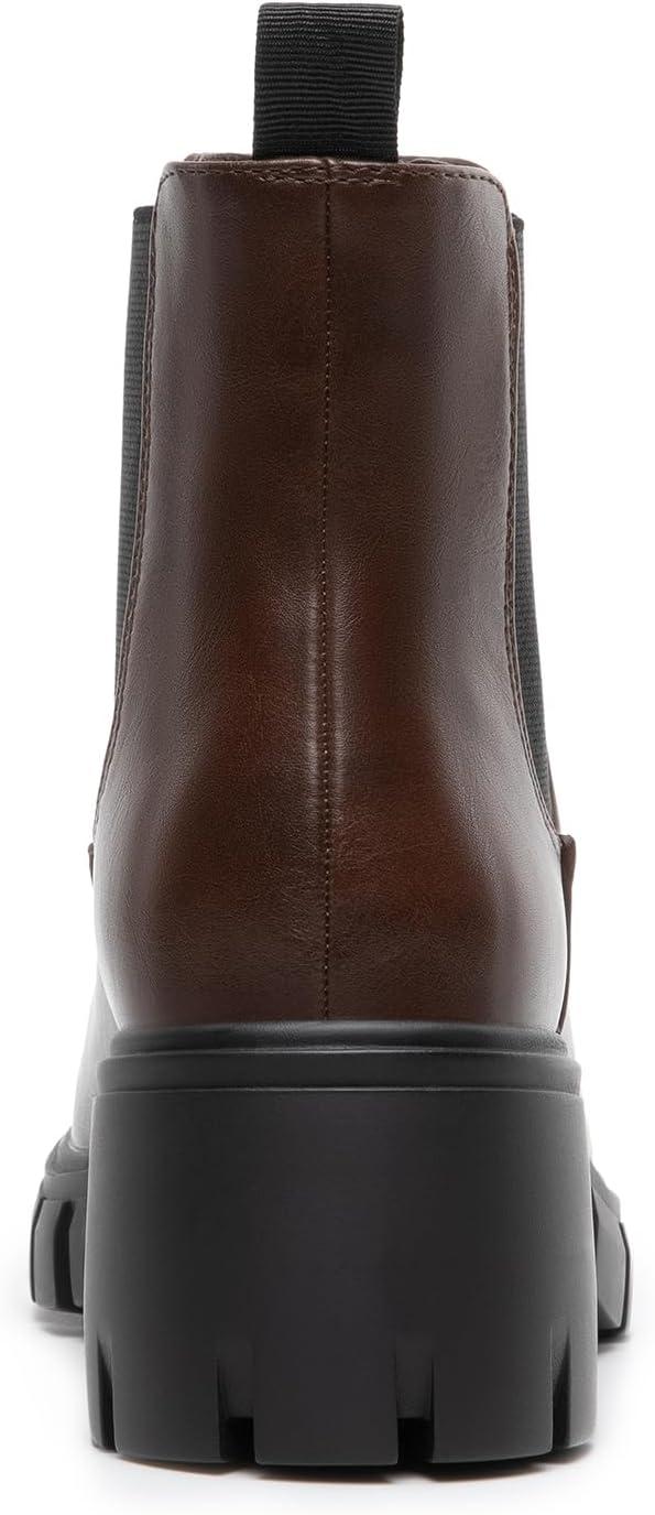 imageDREAM PAIRS Womens Elastic Chelsea Ankle Boots Platform Low Chunky Block Heel Lug Sole Slip on Fall Heeled Booties ShoesBrown