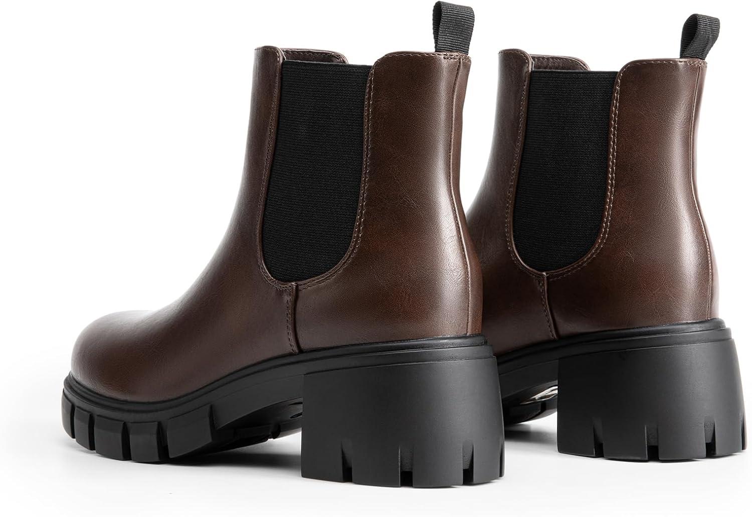 imageDREAM PAIRS Womens Elastic Chelsea Ankle Boots Platform Low Chunky Block Heel Lug Sole Slip on Fall Heeled Booties ShoesBrown