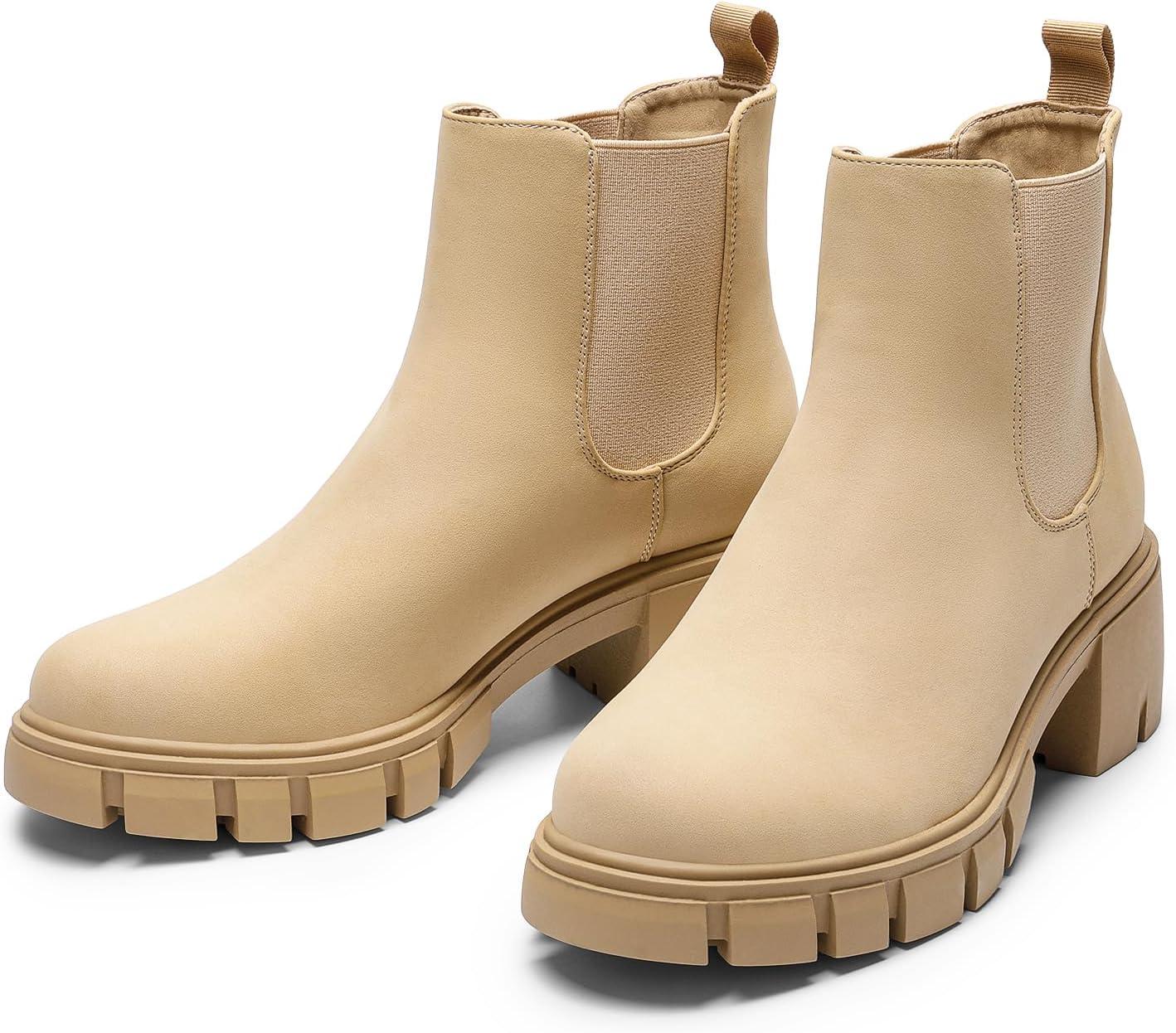 imageDREAM PAIRS Womens Elastic Chelsea Ankle Boots Platform Low Chunky Block Heel Lug Sole Slip on Fall Heeled Booties ShoesNude