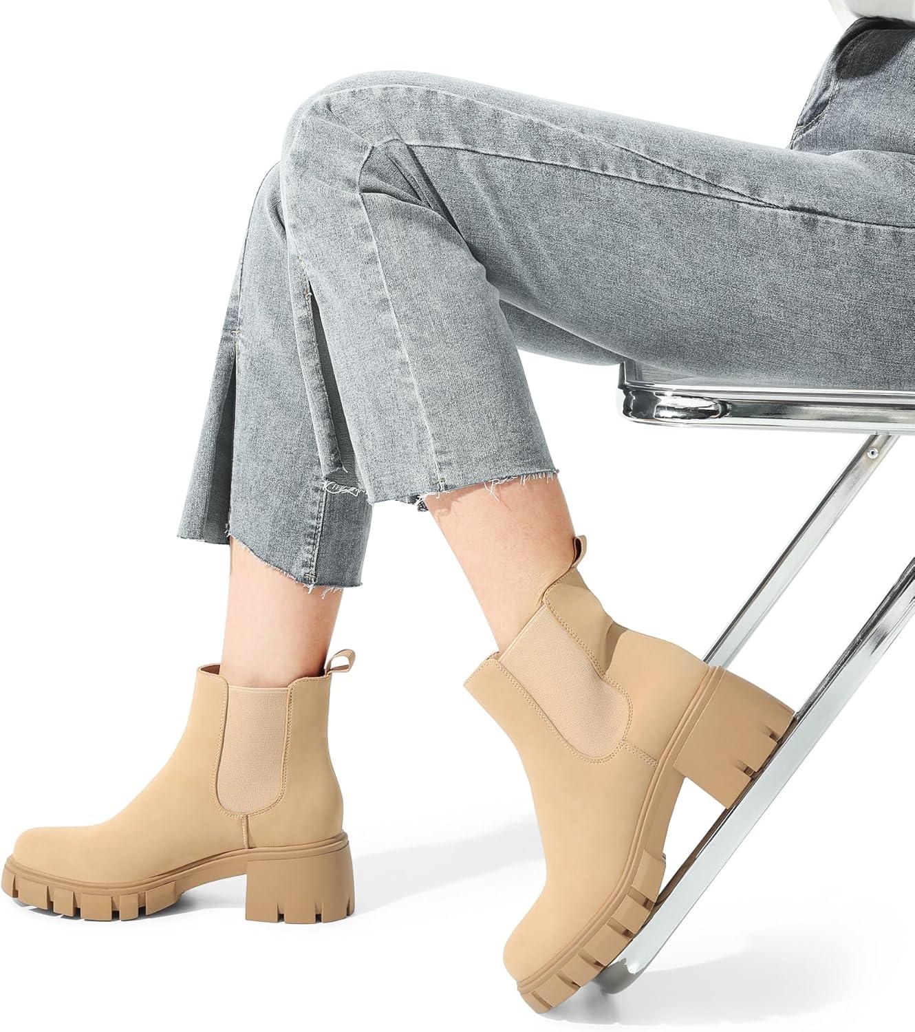 imageDREAM PAIRS Womens Elastic Chelsea Ankle Boots Platform Low Chunky Block Heel Lug Sole Slip on Fall Heeled Booties ShoesNude