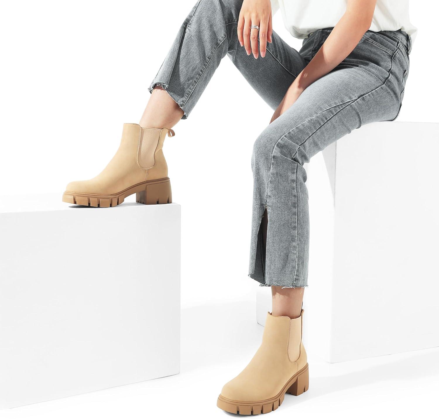imageDREAM PAIRS Womens Elastic Chelsea Ankle Boots Platform Low Chunky Block Heel Lug Sole Slip on Fall Heeled Booties ShoesNude