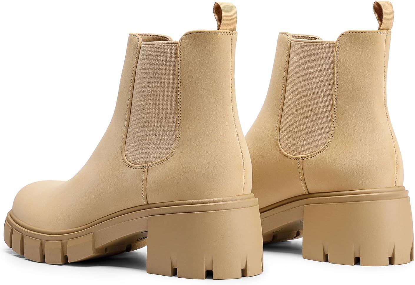 imageDREAM PAIRS Womens Elastic Chelsea Ankle Boots Platform Low Chunky Block Heel Lug Sole Slip on Fall Heeled Booties ShoesNude