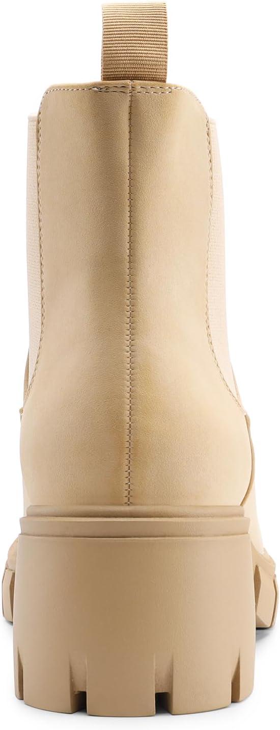 imageDREAM PAIRS Womens Elastic Chelsea Ankle Boots Platform Low Chunky Block Heel Lug Sole Slip on Fall Heeled Booties ShoesNude