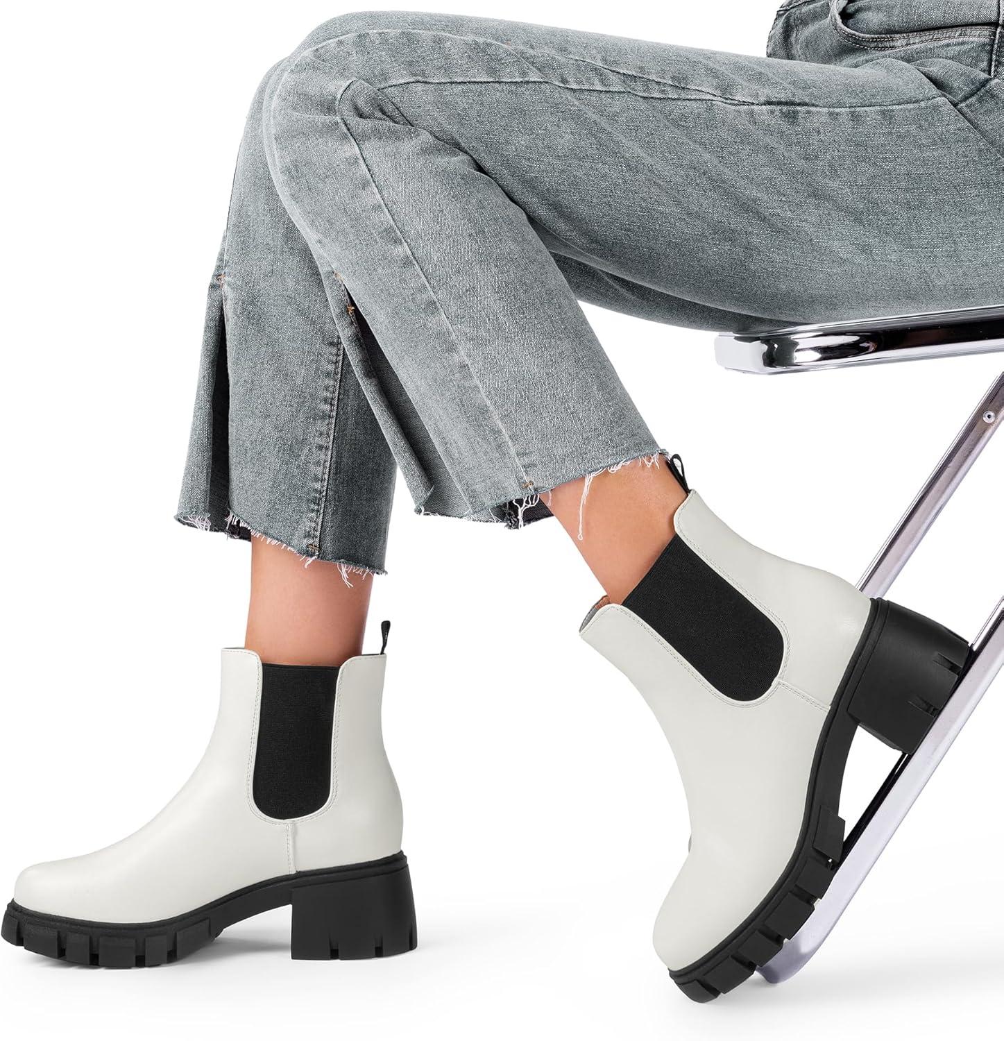 imageDREAM PAIRS Womens Elastic Chelsea Ankle Boots Platform Low Chunky Block Heel Lug Sole Slip on Fall Heeled Booties ShoesWhite