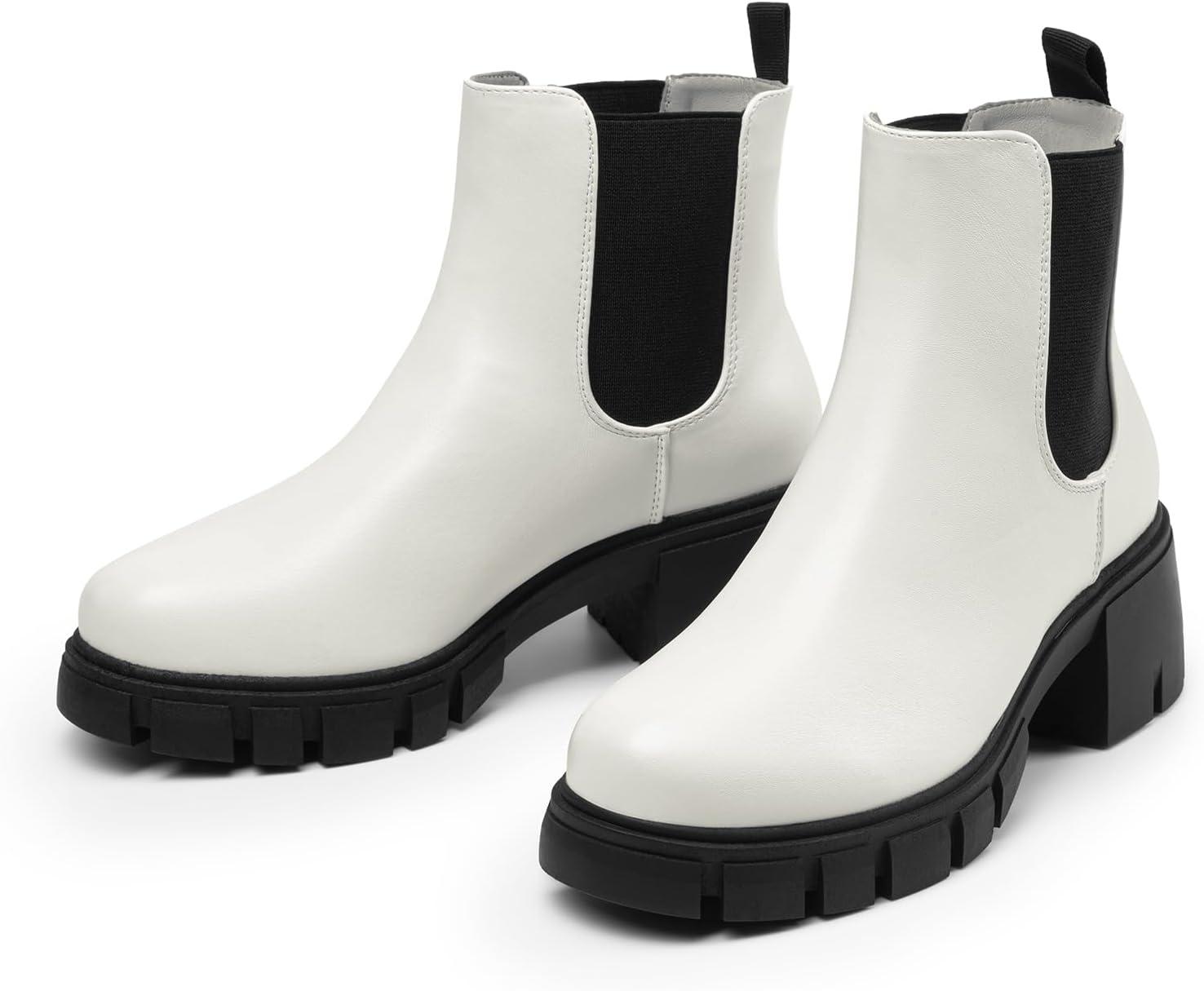 imageDREAM PAIRS Womens Elastic Chelsea Ankle Boots Platform Low Chunky Block Heel Lug Sole Slip on Fall Heeled Booties ShoesWhite