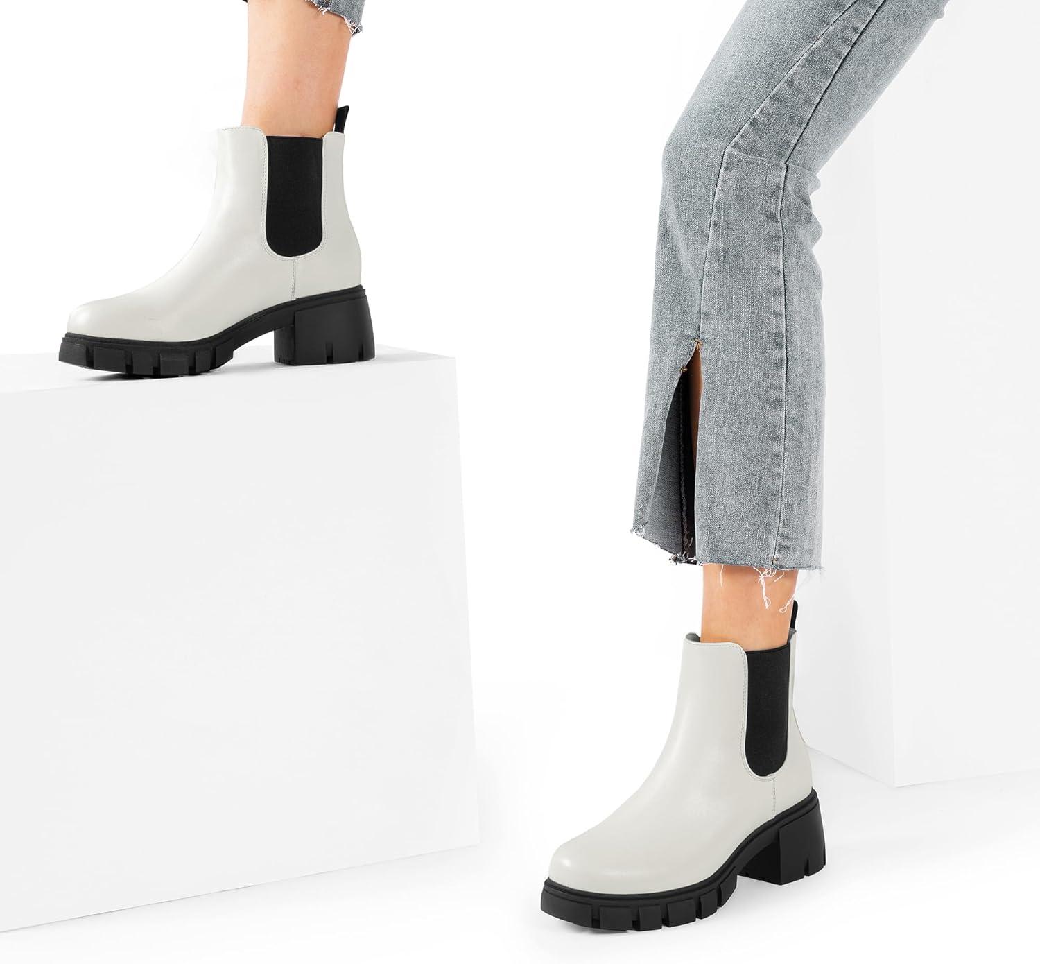 imageDREAM PAIRS Womens Elastic Chelsea Ankle Boots Platform Low Chunky Block Heel Lug Sole Slip on Fall Heeled Booties ShoesWhite