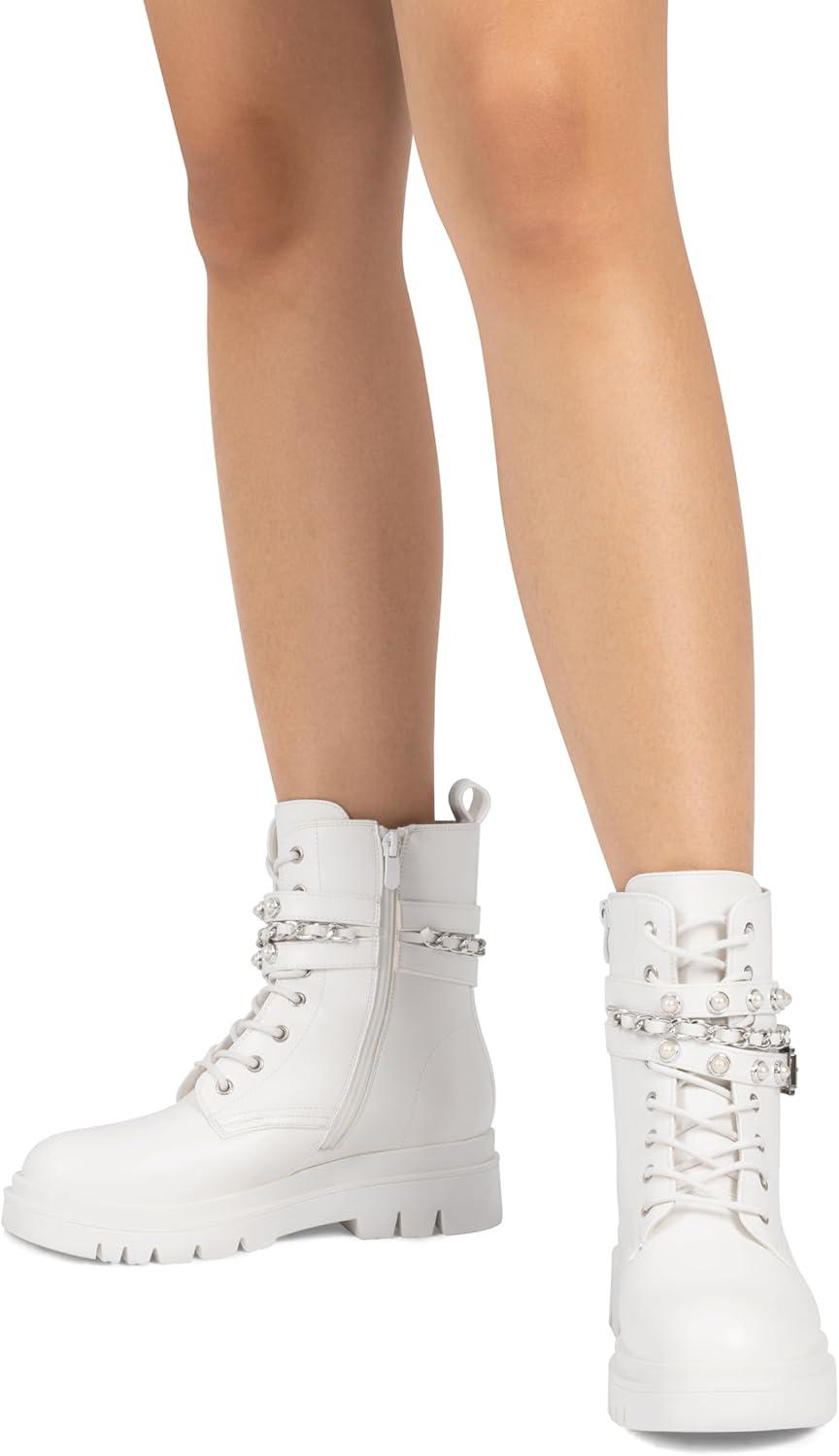 imageDREAM PAIRS Womens Fashion Platform Combat Boots Lace Up Lug Sole Goth Ankle Booties ShoesWhite