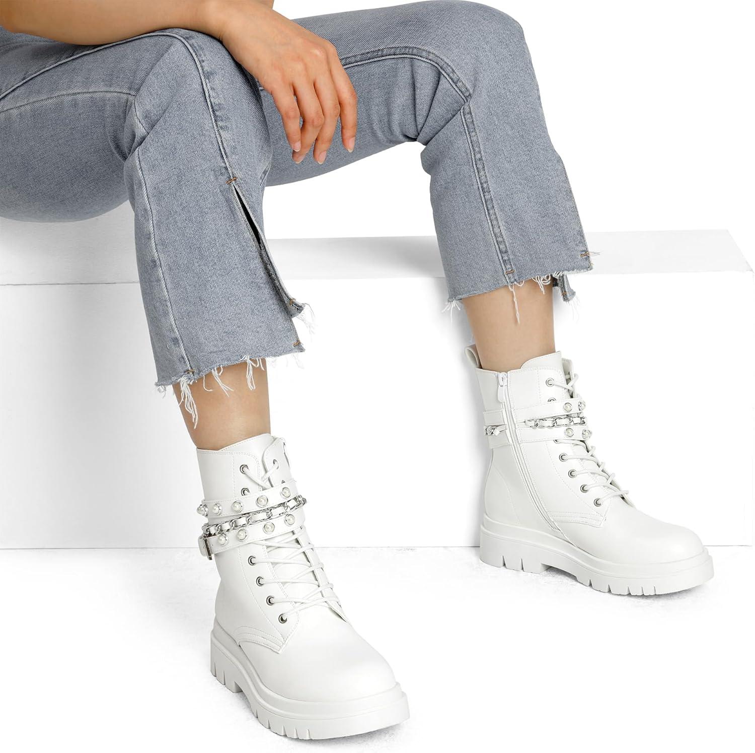 imageDREAM PAIRS Womens Fashion Platform Combat Boots Lace Up Lug Sole Goth Ankle Booties ShoesWhite