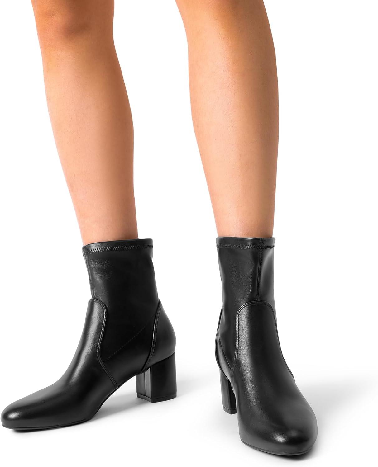 imageDREAM PAIRS Womens Fitted Stretch Ankle Boots Fashion Low Chunky Heel Almond Toe Fall Heeled Booties ShoesBlackpu