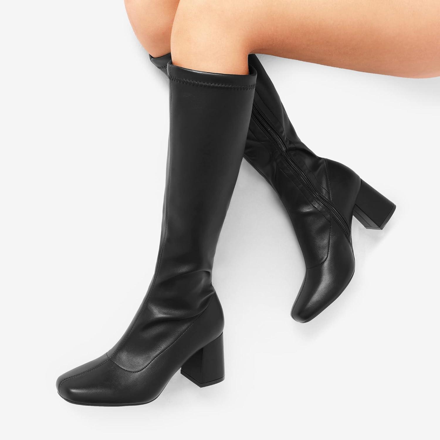 imageDREAM PAIRS Womens Gogo Boots Square Toe Chunky Wide Calf Knee High Boots For WomenBlackPu