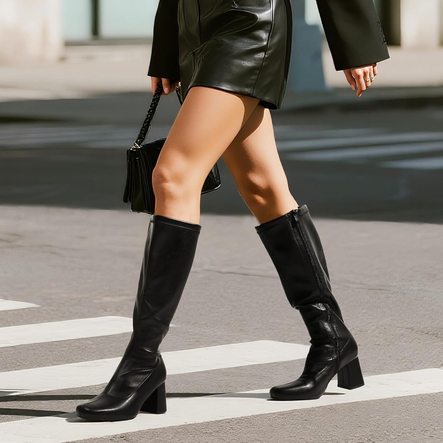 imageDREAM PAIRS Womens Gogo Boots Square Toe Chunky Wide Calf Knee High Boots For WomenBlackPu