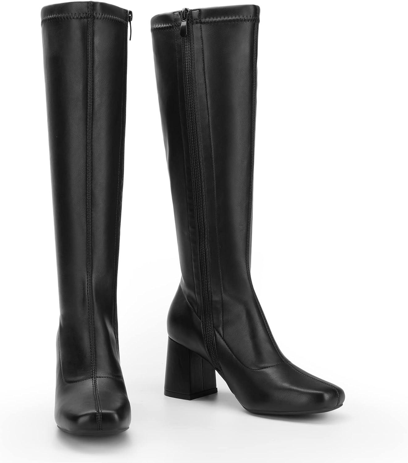 imageDREAM PAIRS Womens Gogo Boots Square Toe Chunky Wide Calf Knee High Boots For WomenBlackPu