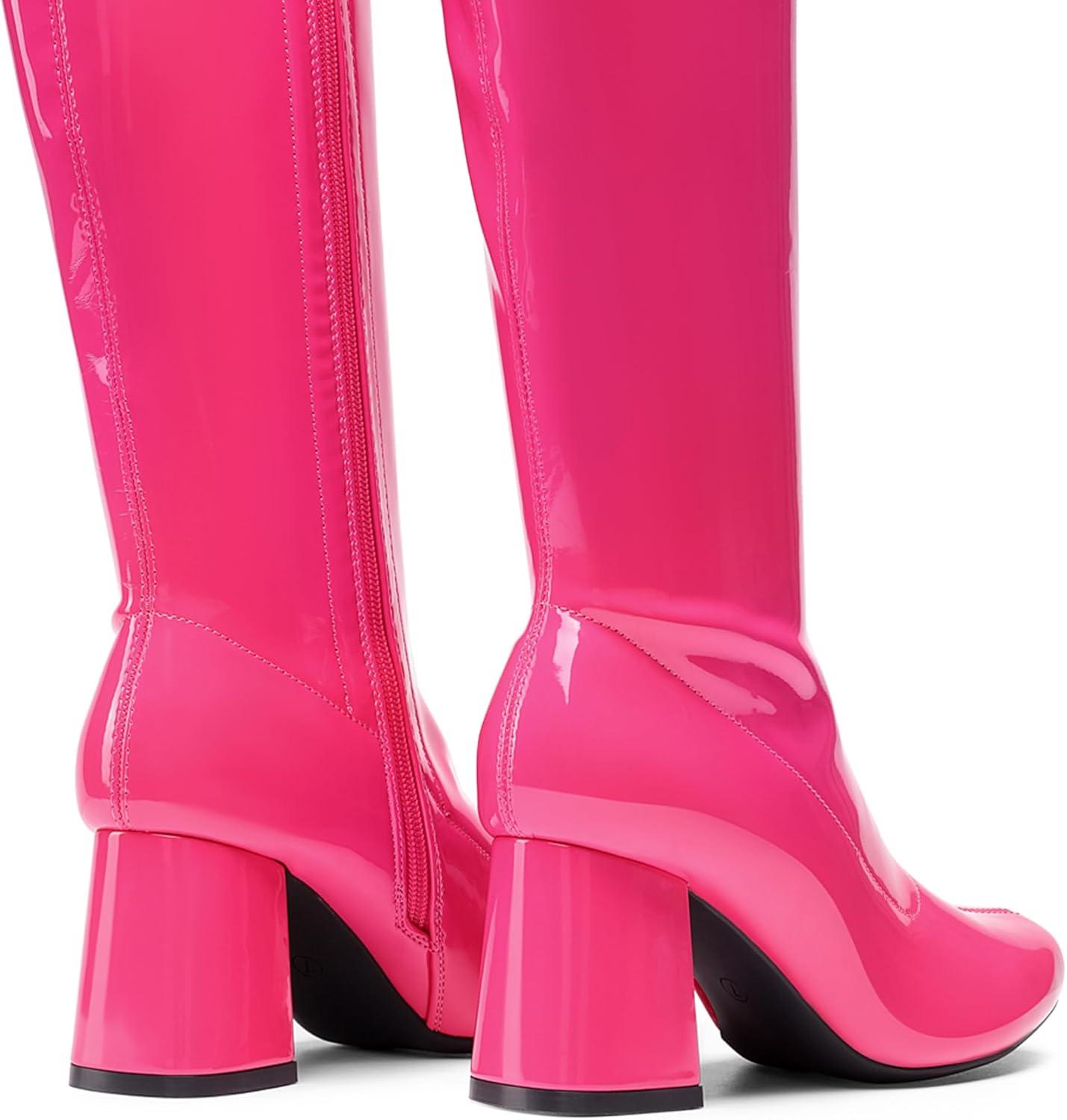 imageDREAM PAIRS Womens Gogo Boots Square Toe Chunky Wide Calf Knee High Boots For WomenHot Pinkpat