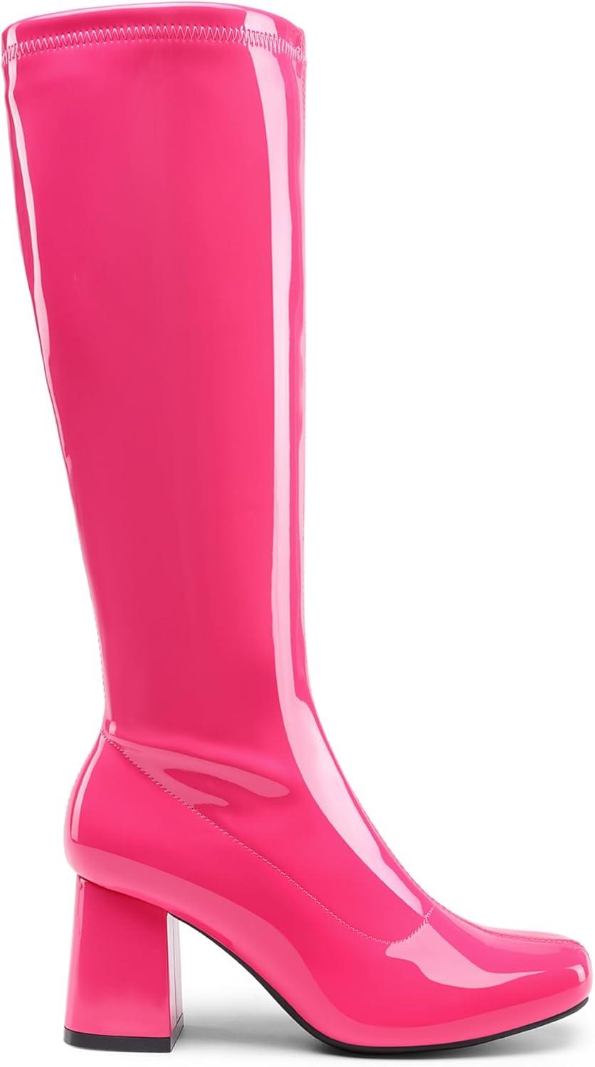 imageDREAM PAIRS Womens Gogo Boots Square Toe Chunky Wide Calf Knee High Boots For WomenHot Pinkpat