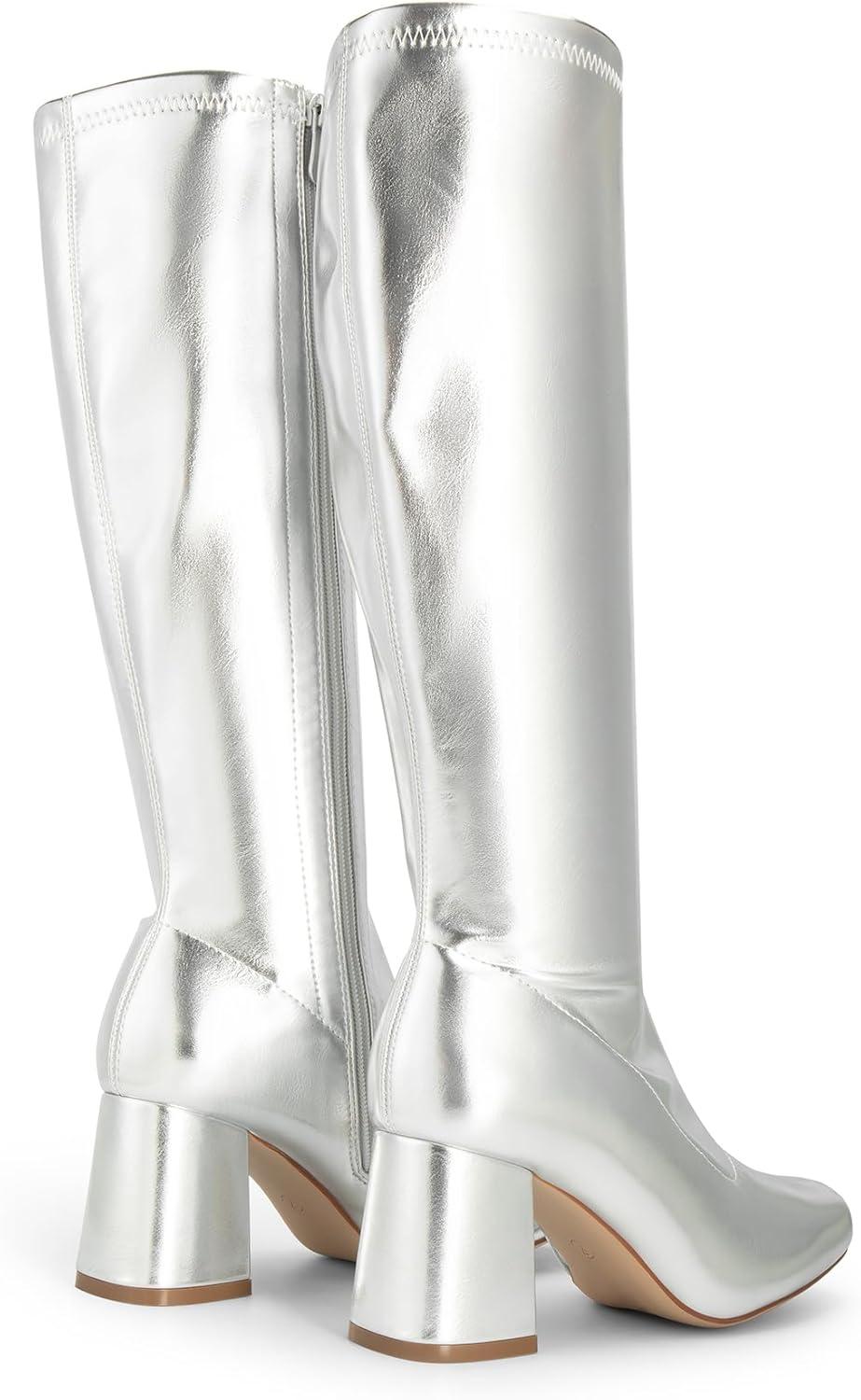 imageDREAM PAIRS Womens Gogo Boots Square Toe Chunky Wide Calf Knee High Boots For WomenMetallic Silver