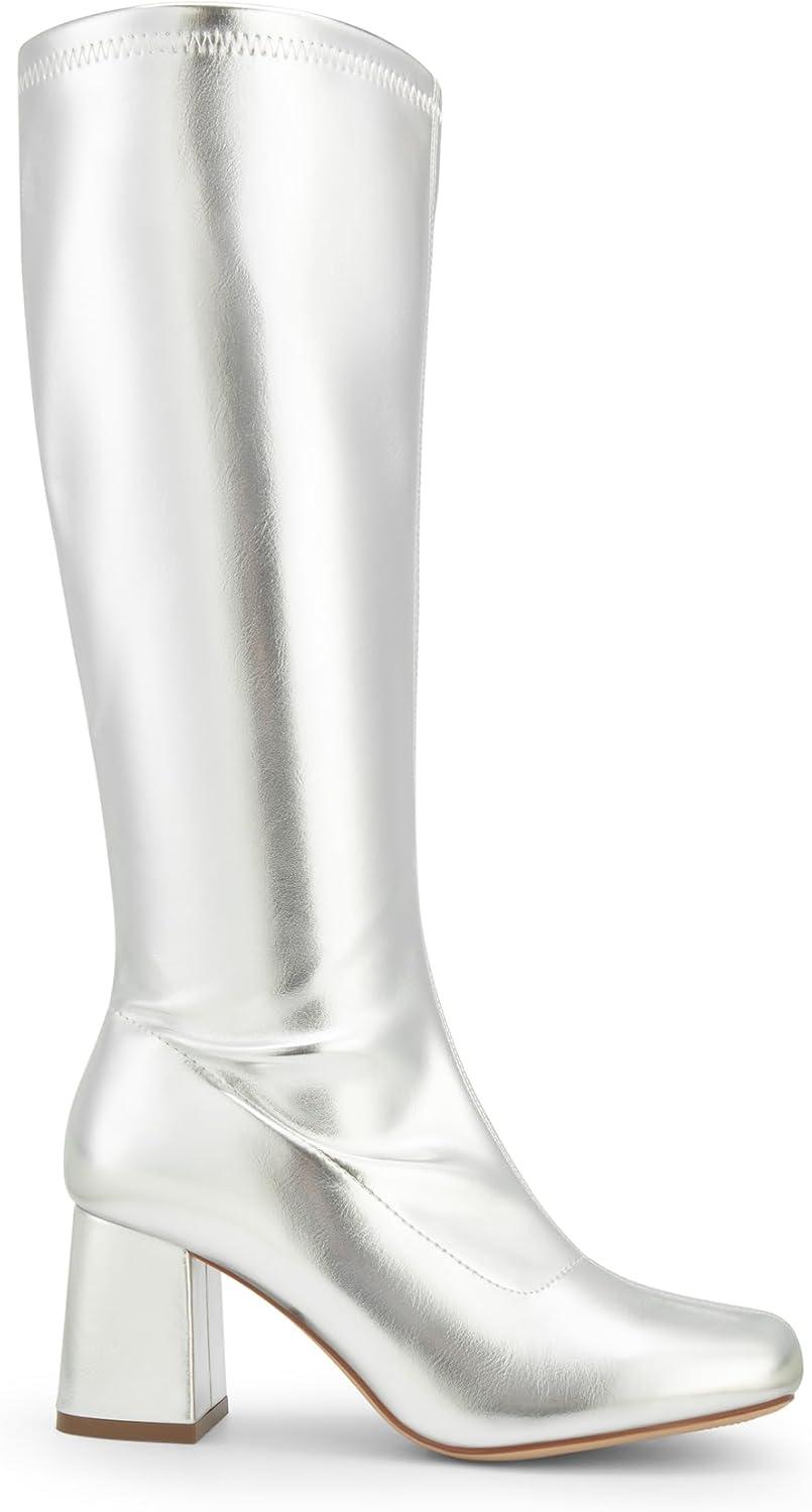 imageDREAM PAIRS Womens Gogo Boots Square Toe Chunky Wide Calf Knee High Boots For WomenMetallic Silver