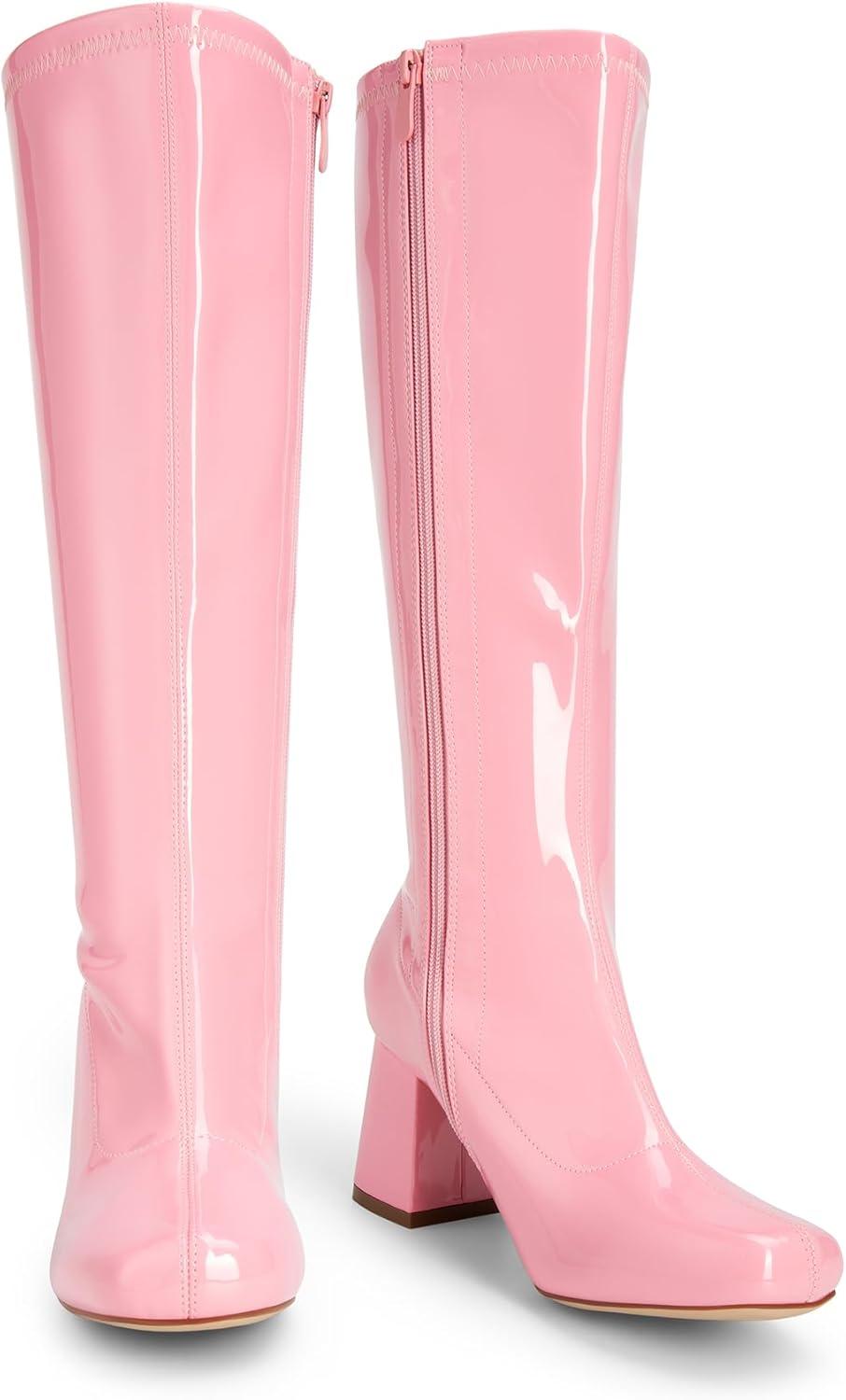 imageDREAM PAIRS Womens Gogo Boots Square Toe Chunky Wide Calf Knee High Boots For WomenPinkpat