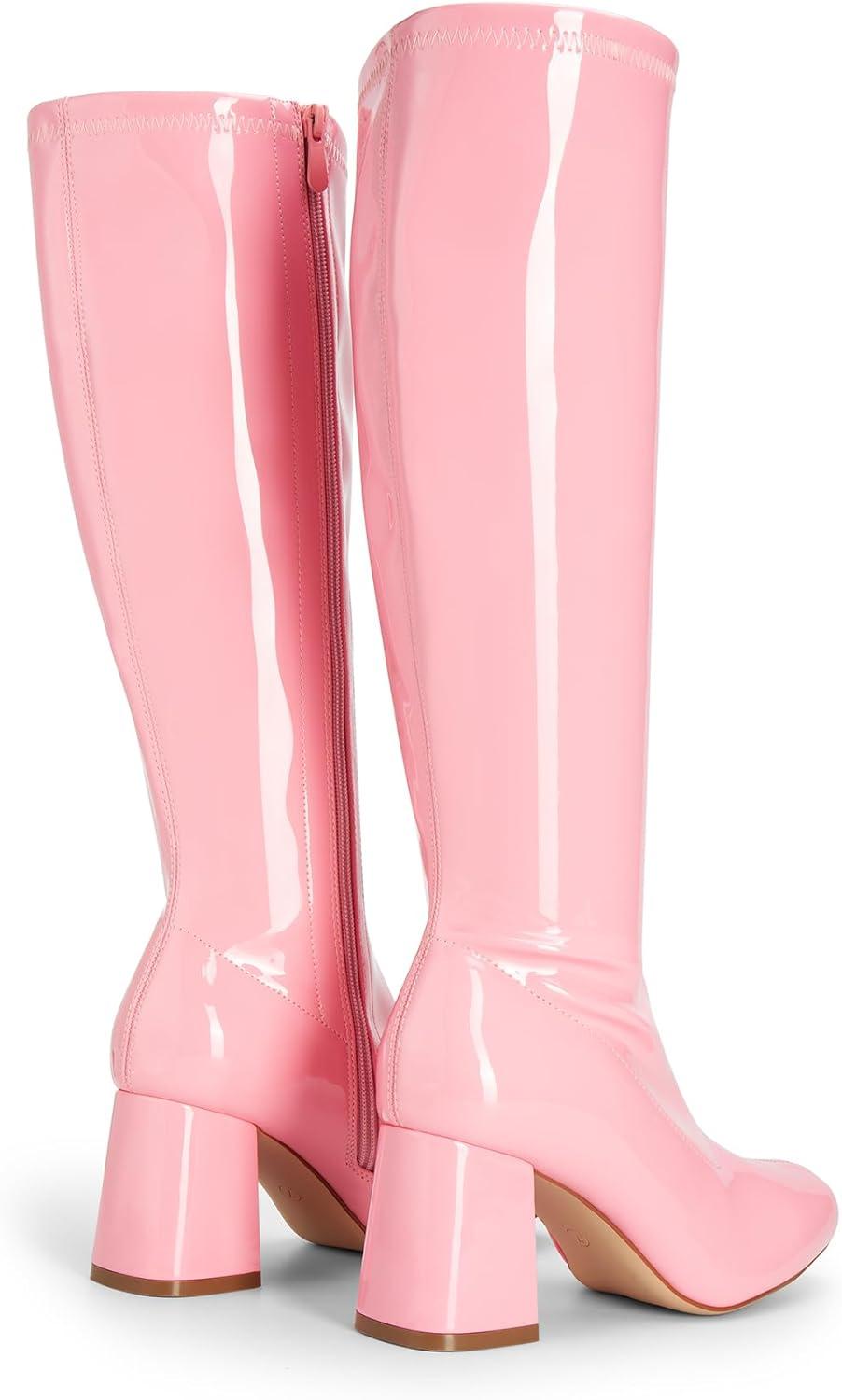 imageDREAM PAIRS Womens Gogo Boots Square Toe Chunky Wide Calf Knee High Boots For WomenPinkpat