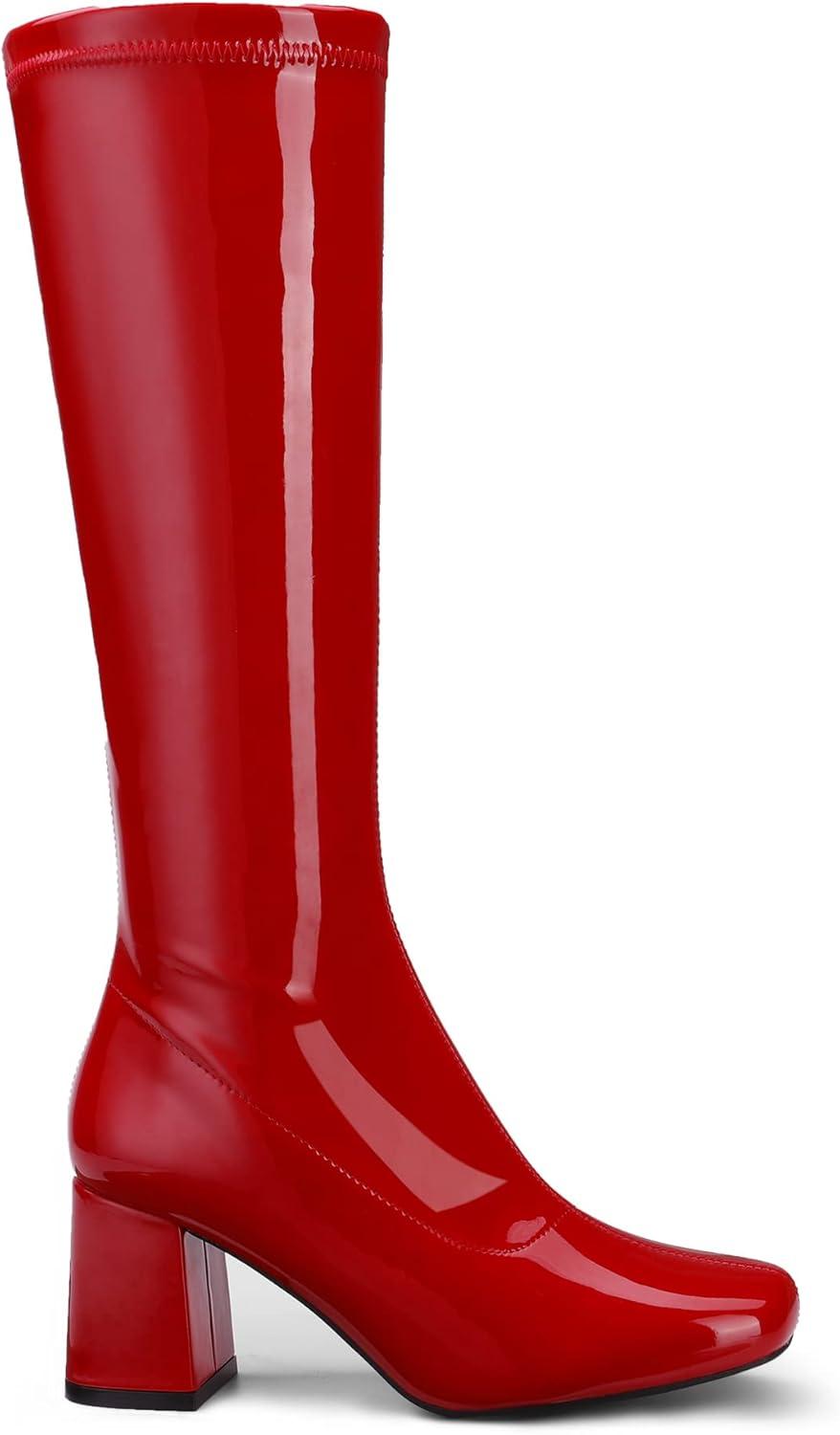 imageDREAM PAIRS Womens Gogo Boots Square Toe Chunky Wide Calf Knee High Boots For WomenRedPatentPu