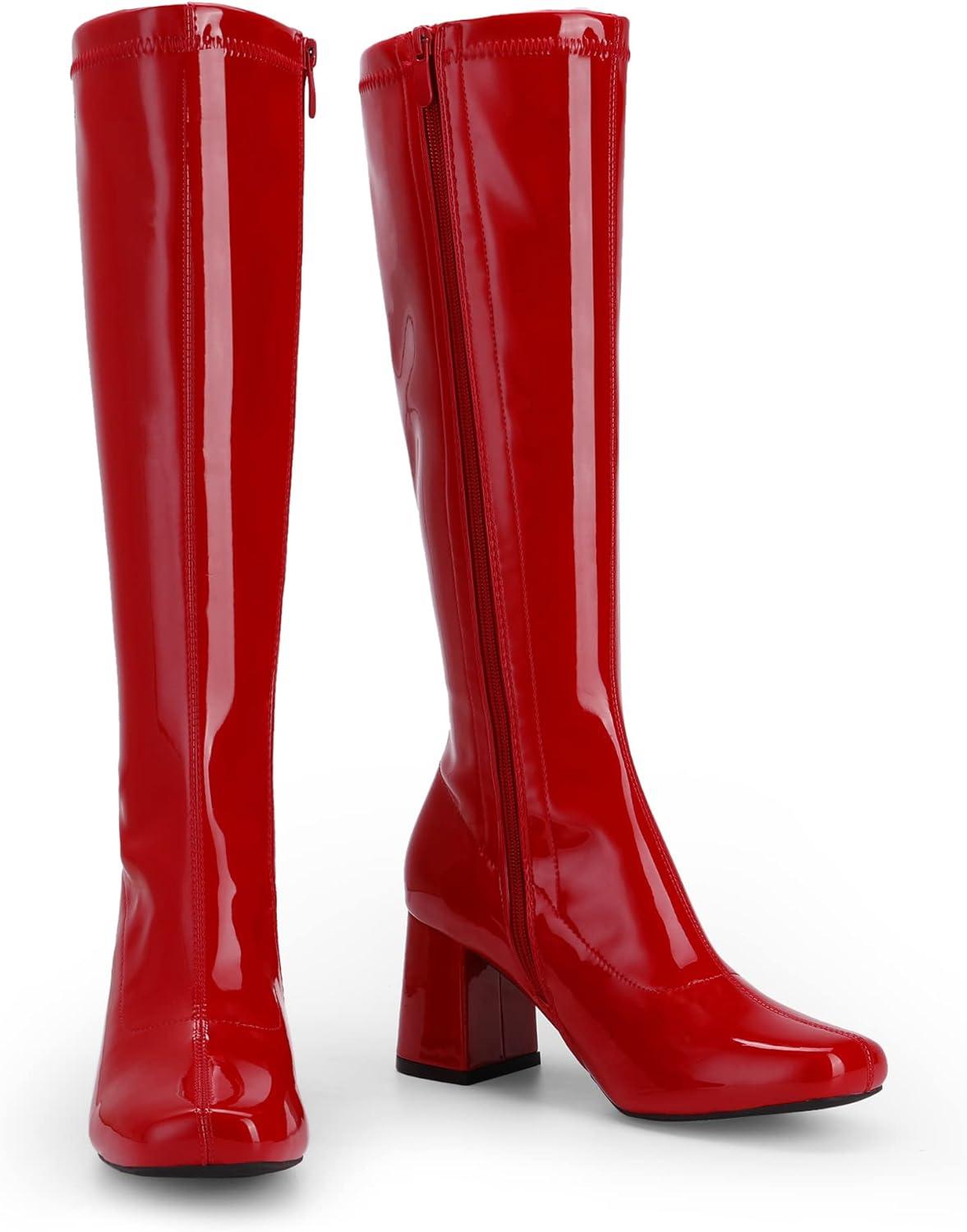 imageDREAM PAIRS Womens Gogo Boots Square Toe Chunky Wide Calf Knee High Boots For WomenRedPatentPu