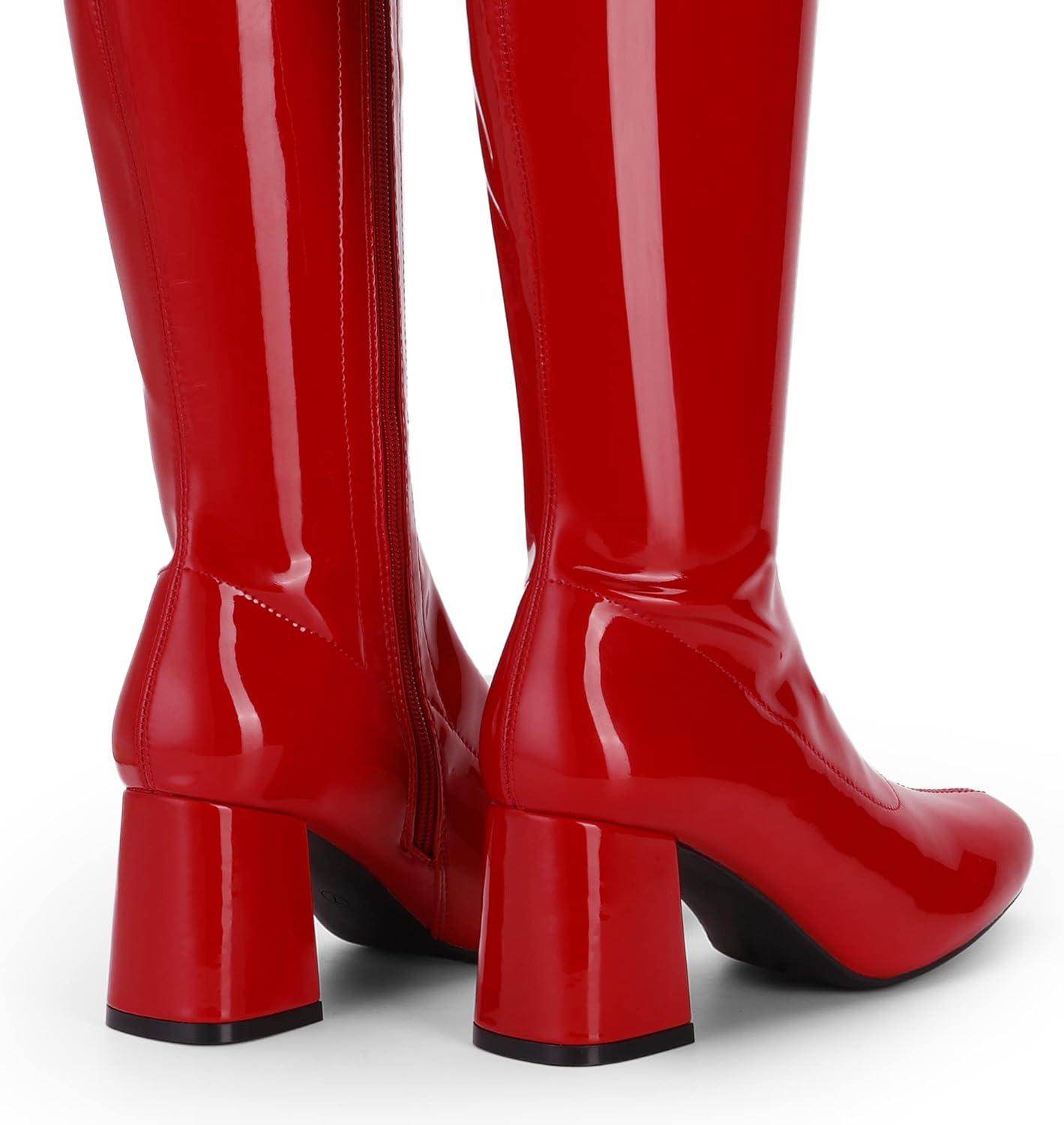 imageDREAM PAIRS Womens Gogo Boots Square Toe Chunky Wide Calf Knee High Boots For WomenRedPatentPu