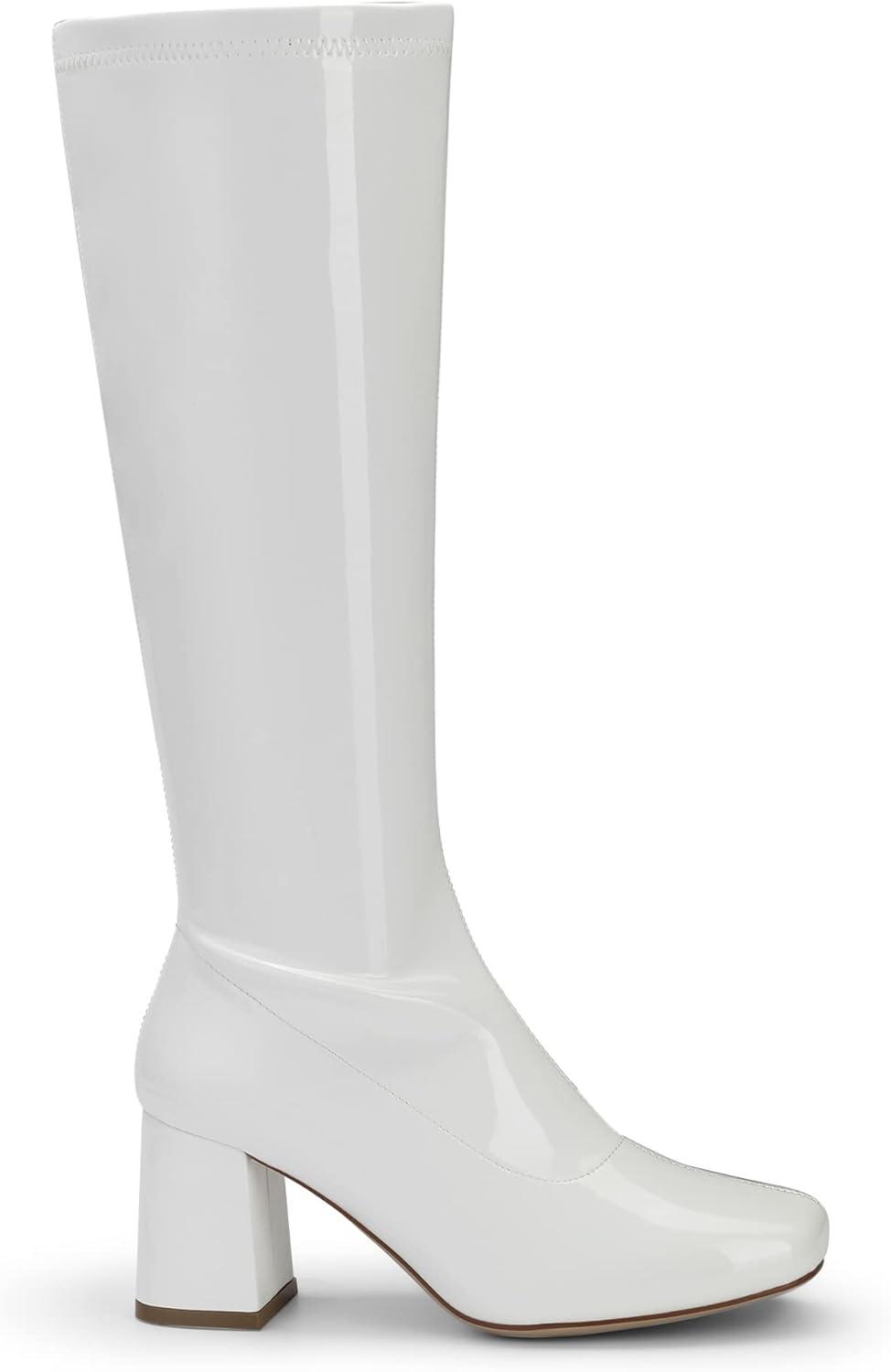 imageDREAM PAIRS Womens Gogo Boots Square Toe Chunky Wide Calf Knee High Boots For WomenWhitePatentPu