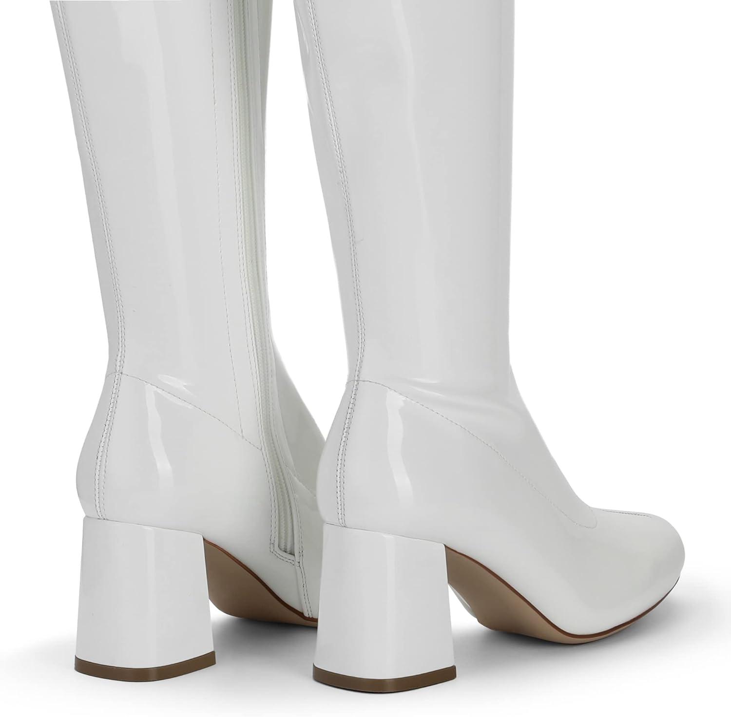 imageDREAM PAIRS Womens Gogo Boots Square Toe Chunky Wide Calf Knee High Boots For WomenWhitePatentPu