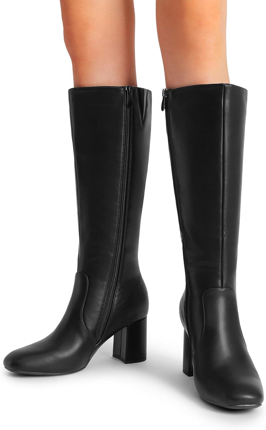 imageDREAM PAIRS Womens Gogo Boots Square Toe Side Zipper Chunky Heel Knee High Boots For WomenBlack