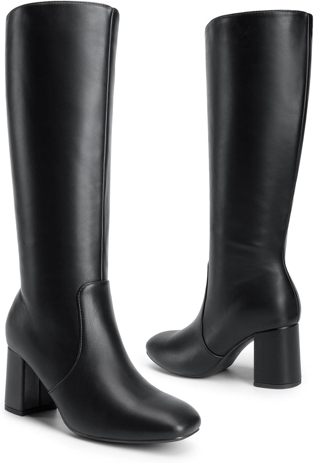 imageDREAM PAIRS Womens Gogo Boots Square Toe Side Zipper Chunky Heel Knee High Boots For WomenBlack